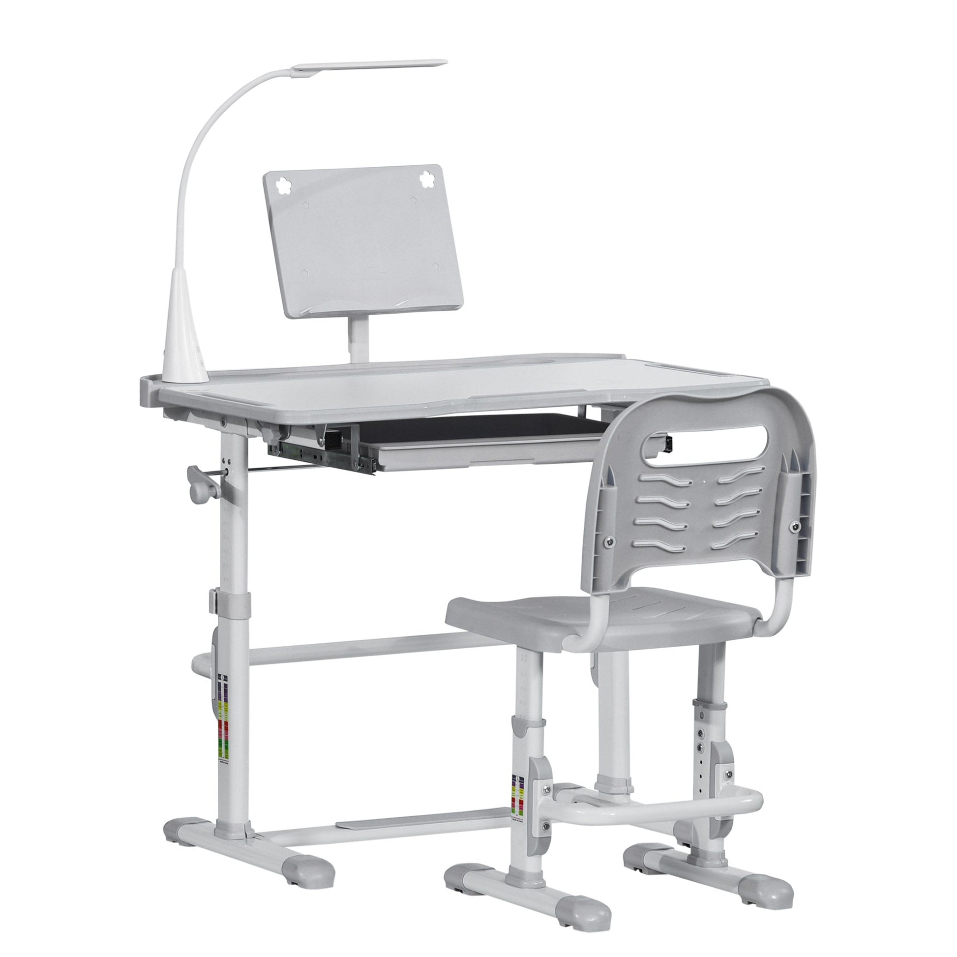 HOMCOM Conjunto de Secretária e Cadeira para Crianças acima de 3 Anos Secretária Infantil com Altura Ajustável Mesa Inclinável Gaveta Lâmpada LED e Suporte para Lápis 80x49,5x80 - 105cm e 36x34x60 - 73 cm Cinza - A minha loja