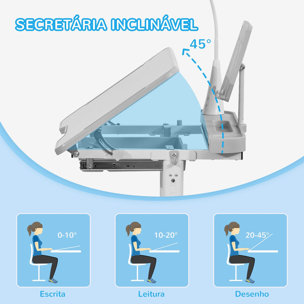 HOMCOM Conjunto de Secretária e Cadeira para Crianças acima de 3 Anos Secretária Infantil com Altura Ajustável Mesa Inclinável Gaveta Lâmpada LED e Suporte para Lápis 80x49,5x80 - 105cm e 36x34x60 - 73 cm Cinza - A minha loja