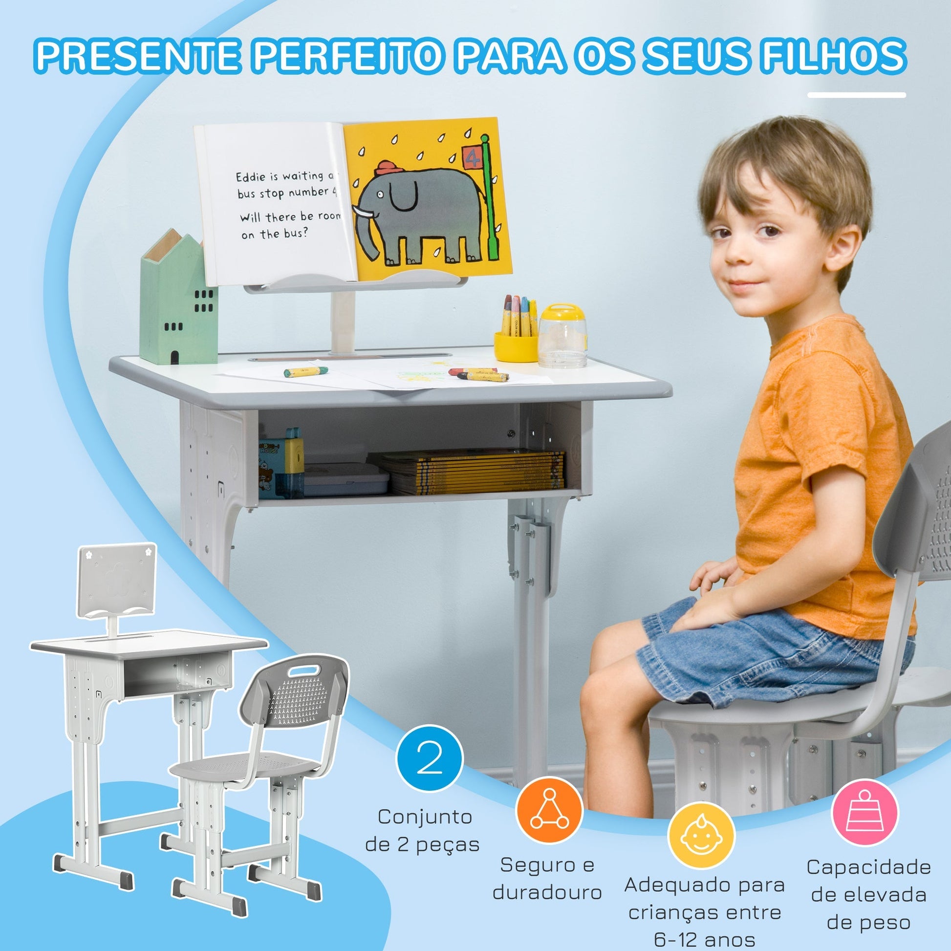 HOMCOM Conjunto de Secretária e Cadeira para Crianças de 6 - 12 Anos Secretária Infantil com Altura Ajustável 1 Gaveta 1 Suporte para Lápis e 1 Prateleira para Livros 60x45x90 - 120 cm Cinza - A minha loja