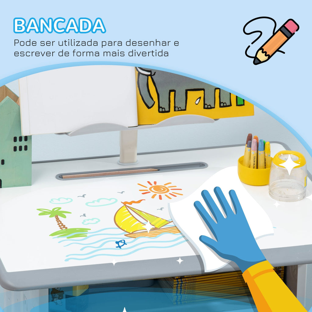 HOMCOM Conjunto de Secretária e Cadeira para Crianças de 6 - 12 Anos Secretária Infantil com Altura Ajustável 1 Gaveta 1 Suporte para Lápis e 1 Prateleira para Livros 60x45x90 - 120 cm Cinza - A minha loja