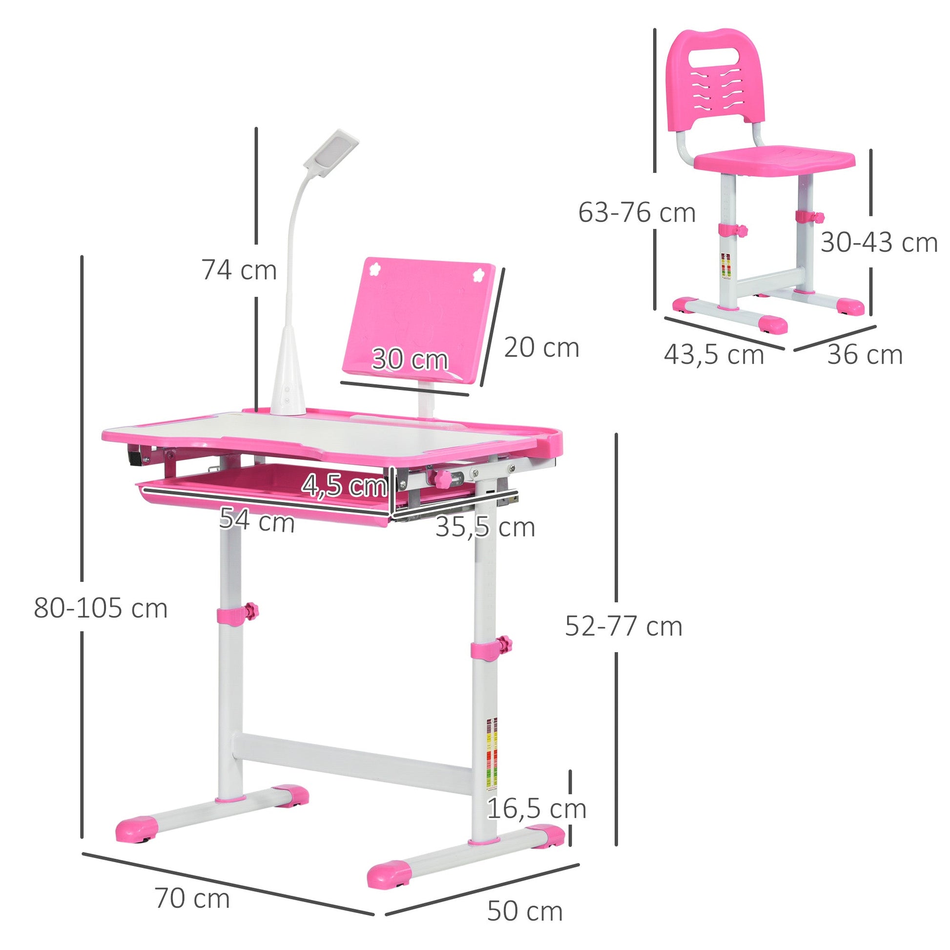 HOMCOM Conjunto de Secretária e Mesa para Crianças acima de 6 Anos Secretária Infantil com Altura Ajustável Mesa Inclinável Lâmpada Gaveta e Prateleira para Livros Rosa - A minha loja