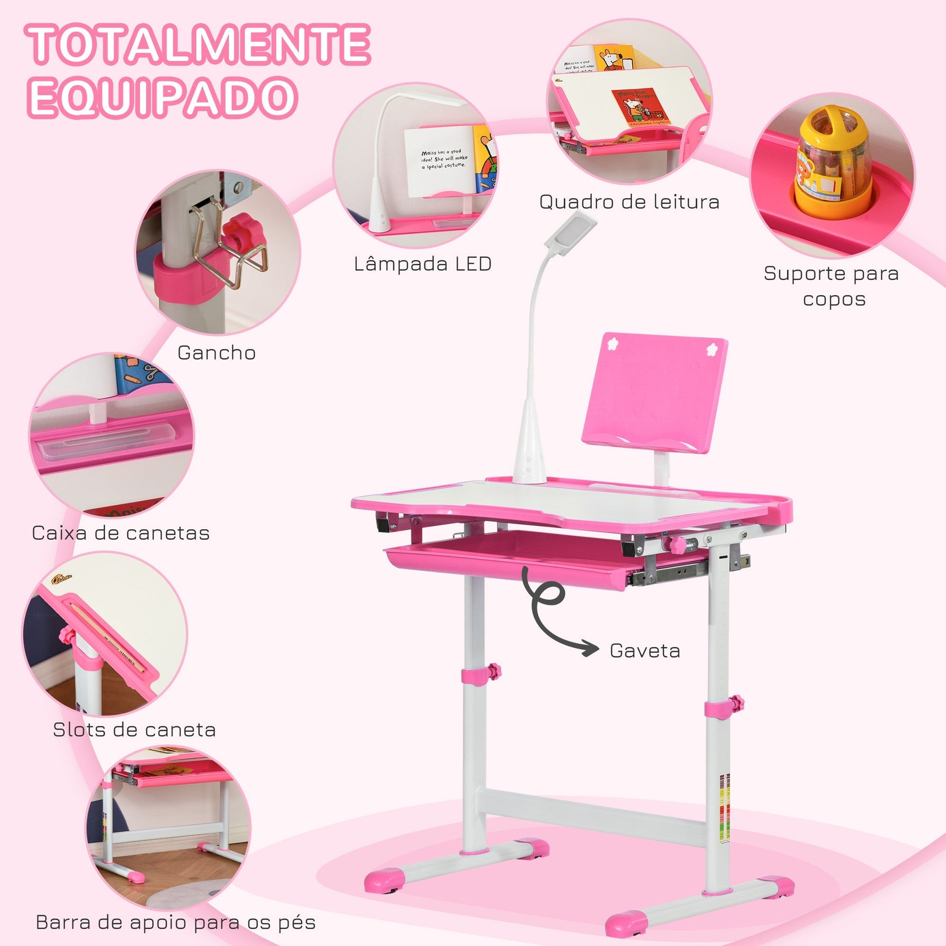 HOMCOM Conjunto de Secretária e Mesa para Crianças acima de 6 Anos Secretária Infantil com Altura Ajustável Mesa Inclinável Lâmpada Gaveta e Prateleira para Livros Rosa - A minha loja