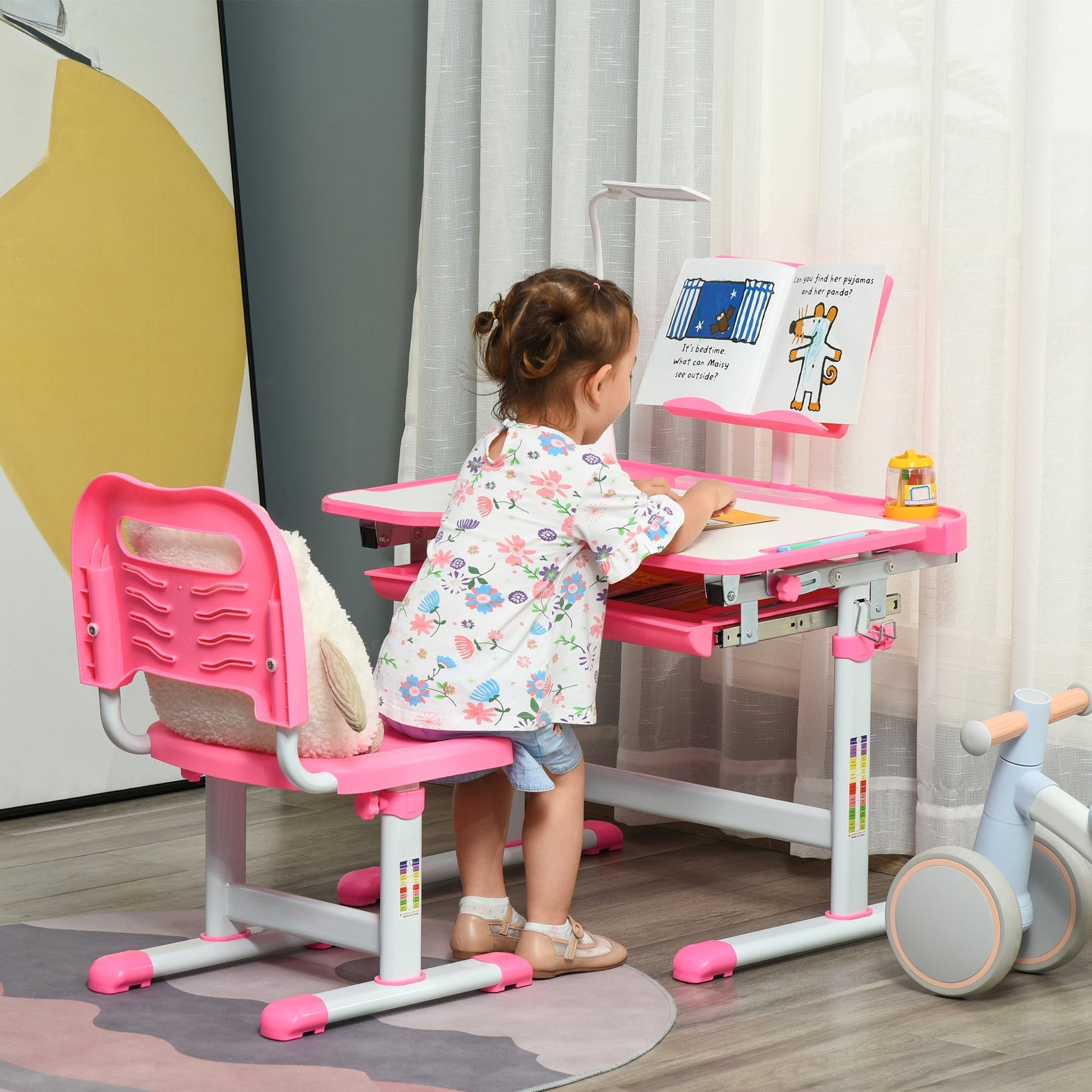 HOMCOM Conjunto de Secretária e Mesa para Crianças acima de 6 Anos Secretária Infantil com Altura Ajustável Mesa Inclinável Lâmpada Gaveta e Prateleira para Livros Rosa - A minha loja