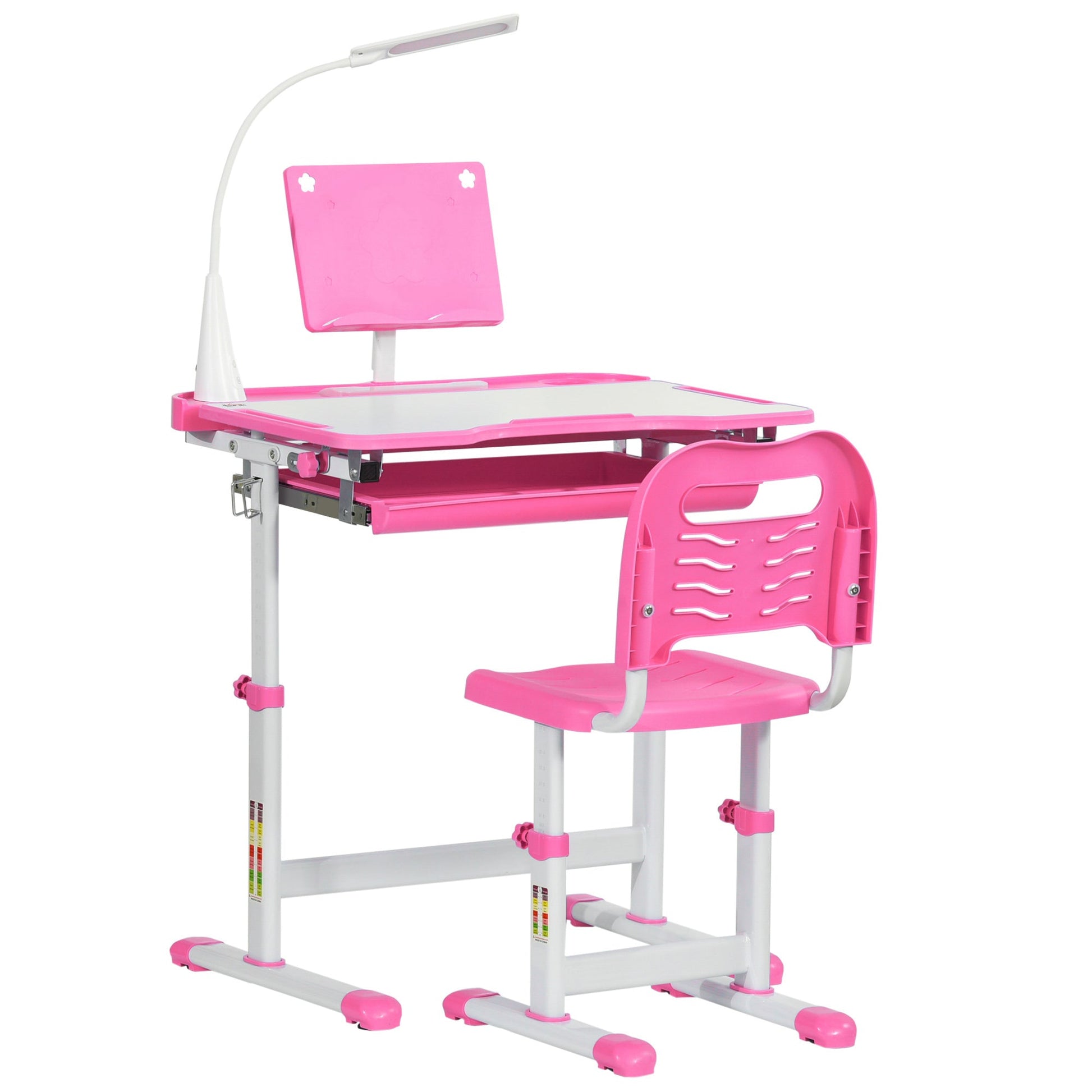 HOMCOM Conjunto de Secretária e Mesa para Crianças acima de 6 Anos Secretária Infantil com Altura Ajustável Mesa Inclinável Lâmpada Gaveta e Prateleira para Livros Rosa - A minha loja