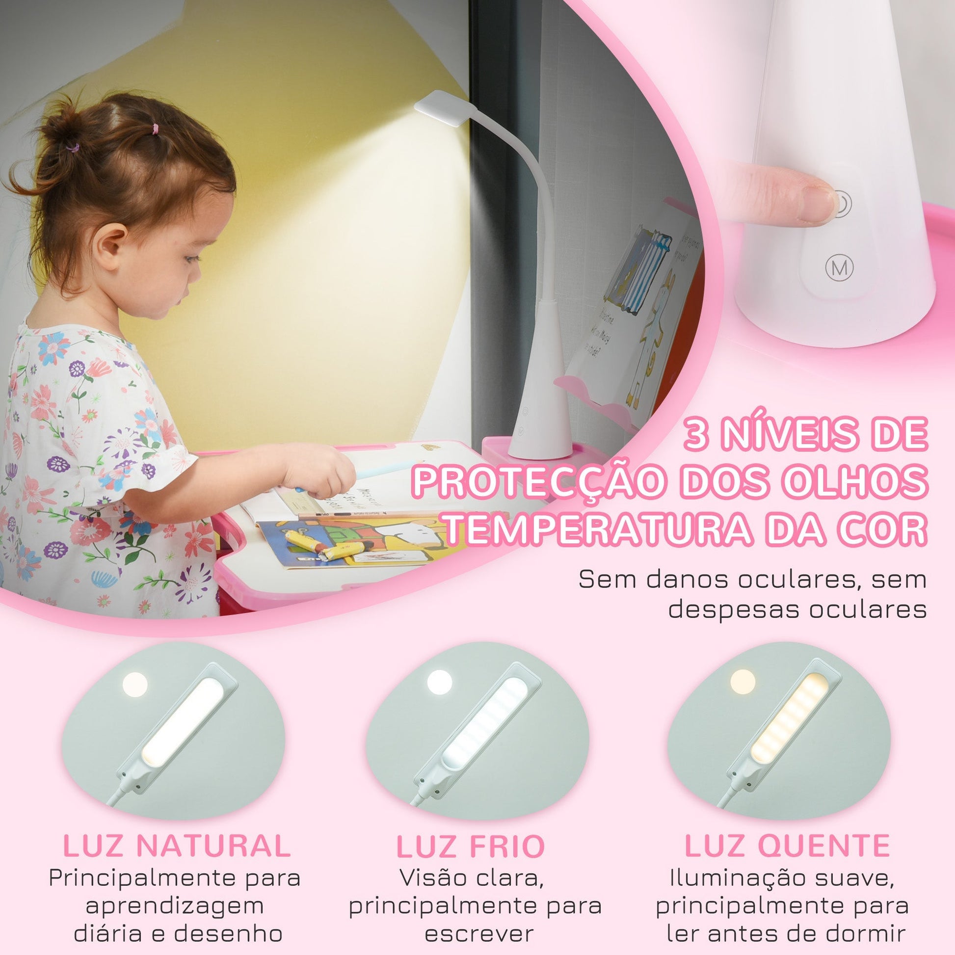 HOMCOM Conjunto de Secretária e Mesa para Crianças acima de 6 Anos Secretária Infantil com Altura Ajustável Mesa Inclinável Lâmpada Gaveta e Prateleira para Livros Rosa - A minha loja