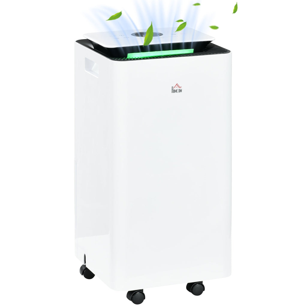 HOMCOM Desumidificador Elétrico 10L/dia Depósito de Água 2,5L Desumidificador de Ar Silencioso com 5 Modos 2 Velocidades Ecrã LED e Temporizador para Dormitórios Sala de Estar 25x25x50,5 cm Branco - A minha loja