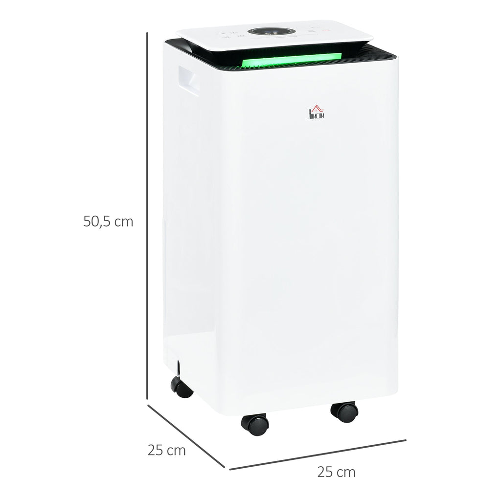 HOMCOM Desumidificador Elétrico 10L/dia Depósito de Água 2,5L Desumidificador de Ar Silencioso com 5 Modos 2 Velocidades Ecrã LED e Temporizador para Dormitórios Sala de Estar 25x25x50,5 cm Branco - A minha loja