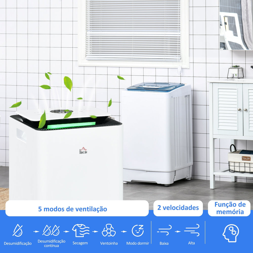HOMCOM Desumidificador Elétrico 10L/dia Depósito de Água 2,5L Desumidificador de Ar Silencioso com 5 Modos 2 Velocidades Ecrã LED e Temporizador para Dormitórios Sala de Estar 25x25x50,5 cm Branco - A minha loja
