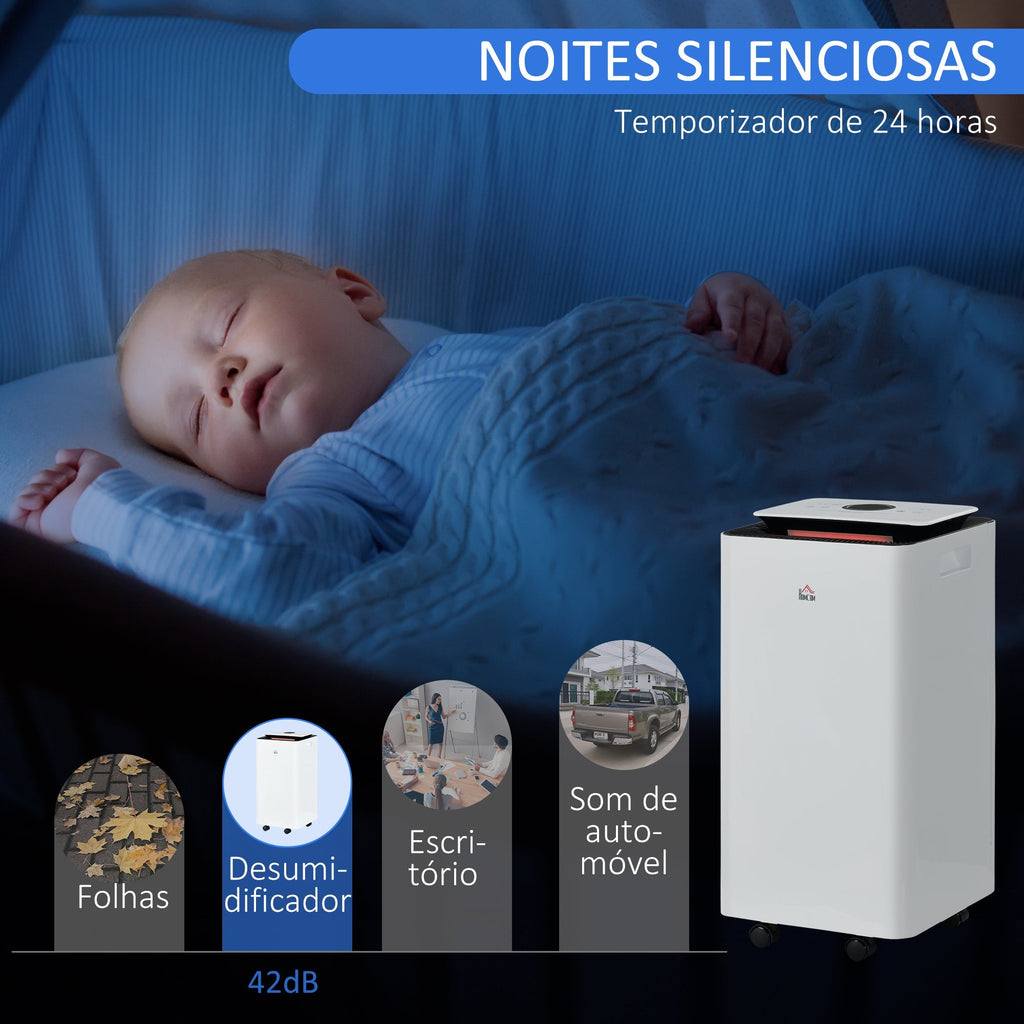 HOMCOM Desumidificador Elétrico 10L/dia Depósito de Água 2,5L Desumidificador de Ar Silencioso com 5 Modos 2 Velocidades Ecrã LED e Temporizador para Dormitórios Sala de Estar 25x25x50,5 cm Branco - A minha loja
