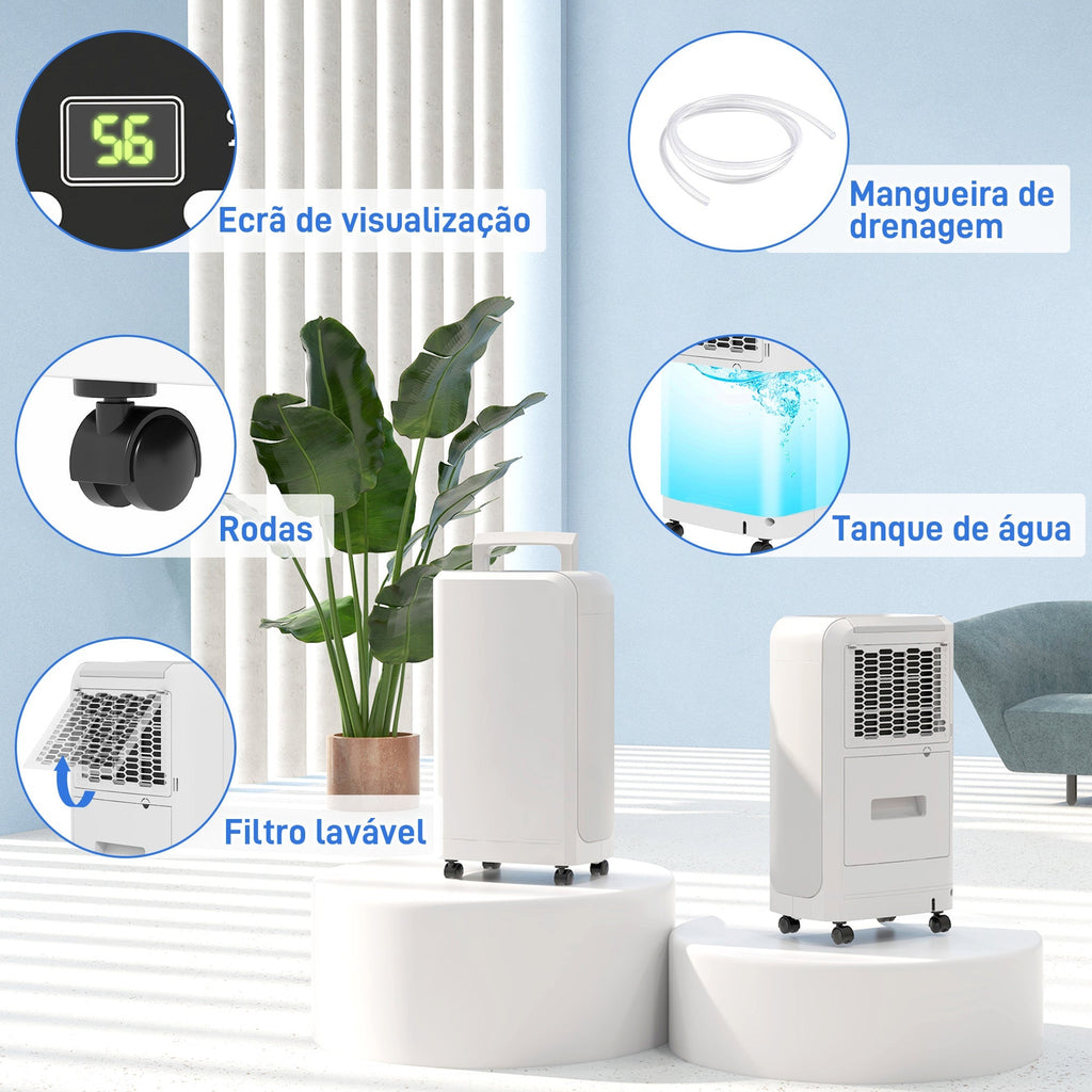 HOMCOM Desumidificador Elétrico 12L/dia Depósito de Água de 2,5L Desumidificador com Rodas Temporizador de 24 Horas Ecrã Digital de Humidade Desumidificador de Humidade para Dormitório Branco - A minha loja