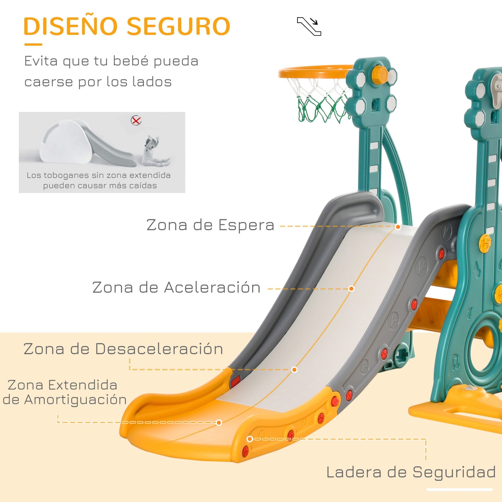 HOMCOM Escorega Infantil com Baloiço e Cesta de Basquetebol 3 em 1 para 18 - 36 Meses com Assento Ajustável Parque Infantil para Interior e Exterior 152x149x107cm Multicor - A minha loja