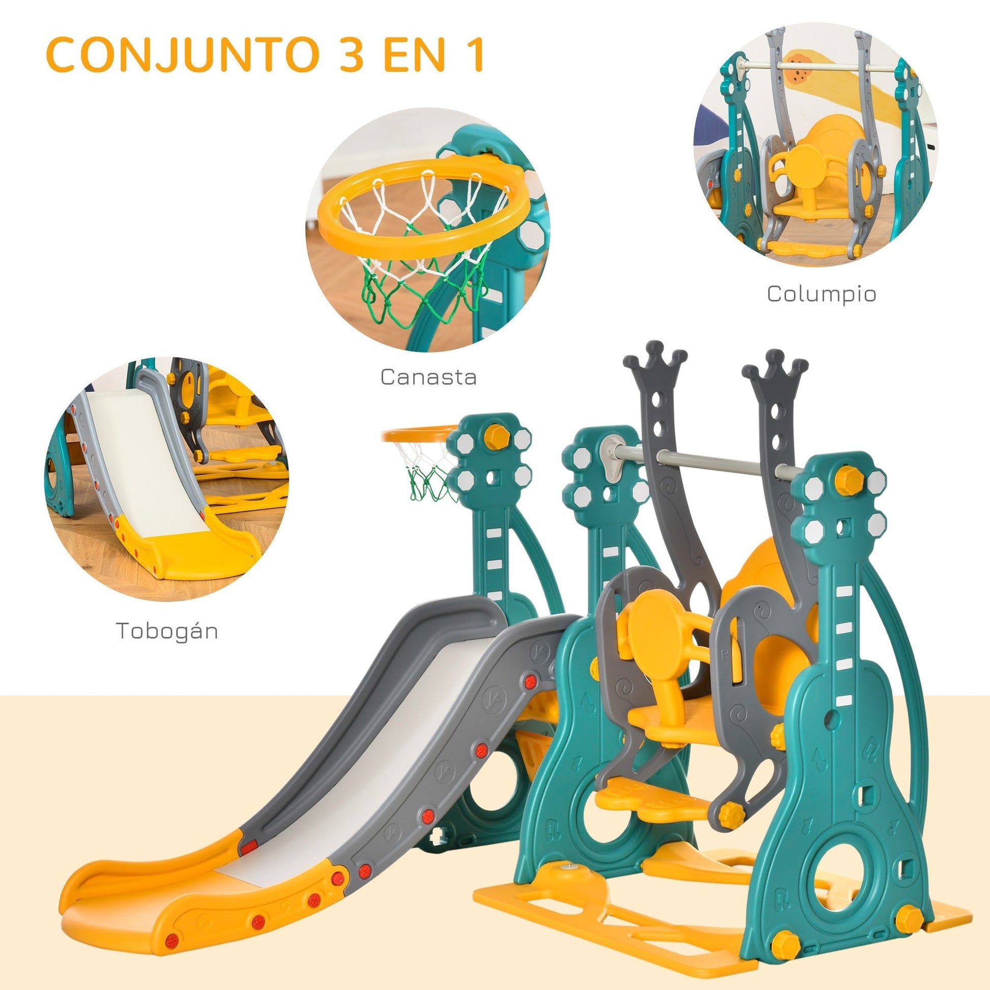 HOMCOM Escorega Infantil com Baloiço e Cesta de Basquetebol 3 em 1 para 18 - 36 Meses com Assento Ajustável Parque Infantil para Interior e Exterior 152x149x107cm Multicor - A minha loja