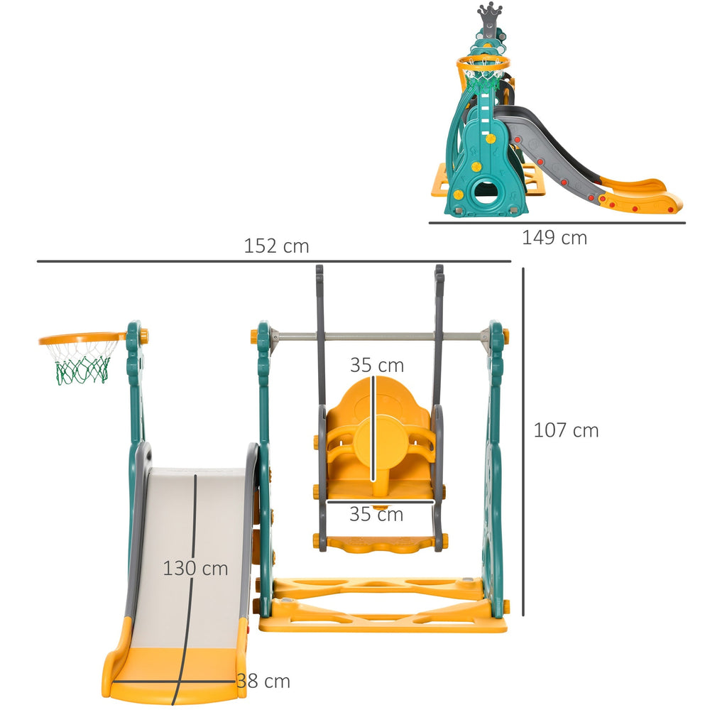 HOMCOM Escorega Infantil com Baloiço e Cesta de Basquetebol 3 em 1 para 18 - 36 Meses com Assento Ajustável Parque Infantil para Interior e Exterior 152x149x107cm Multicor - A minha loja