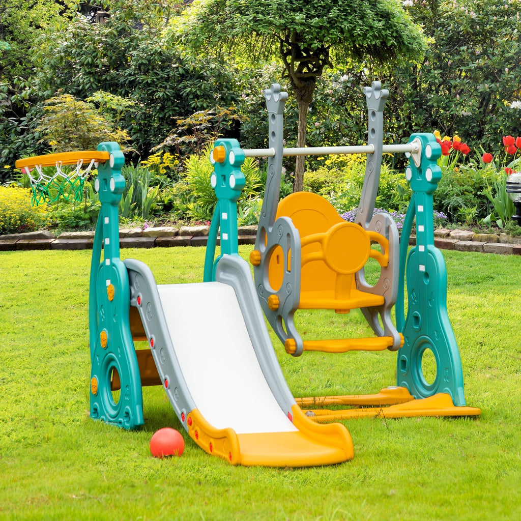 HOMCOM Escorega Infantil com Baloiço e Cesta de Basquetebol 3 em 1 para 18 - 36 Meses com Assento Ajustável Parque Infantil para Interior e Exterior 152x149x107cm Multicor - A minha loja