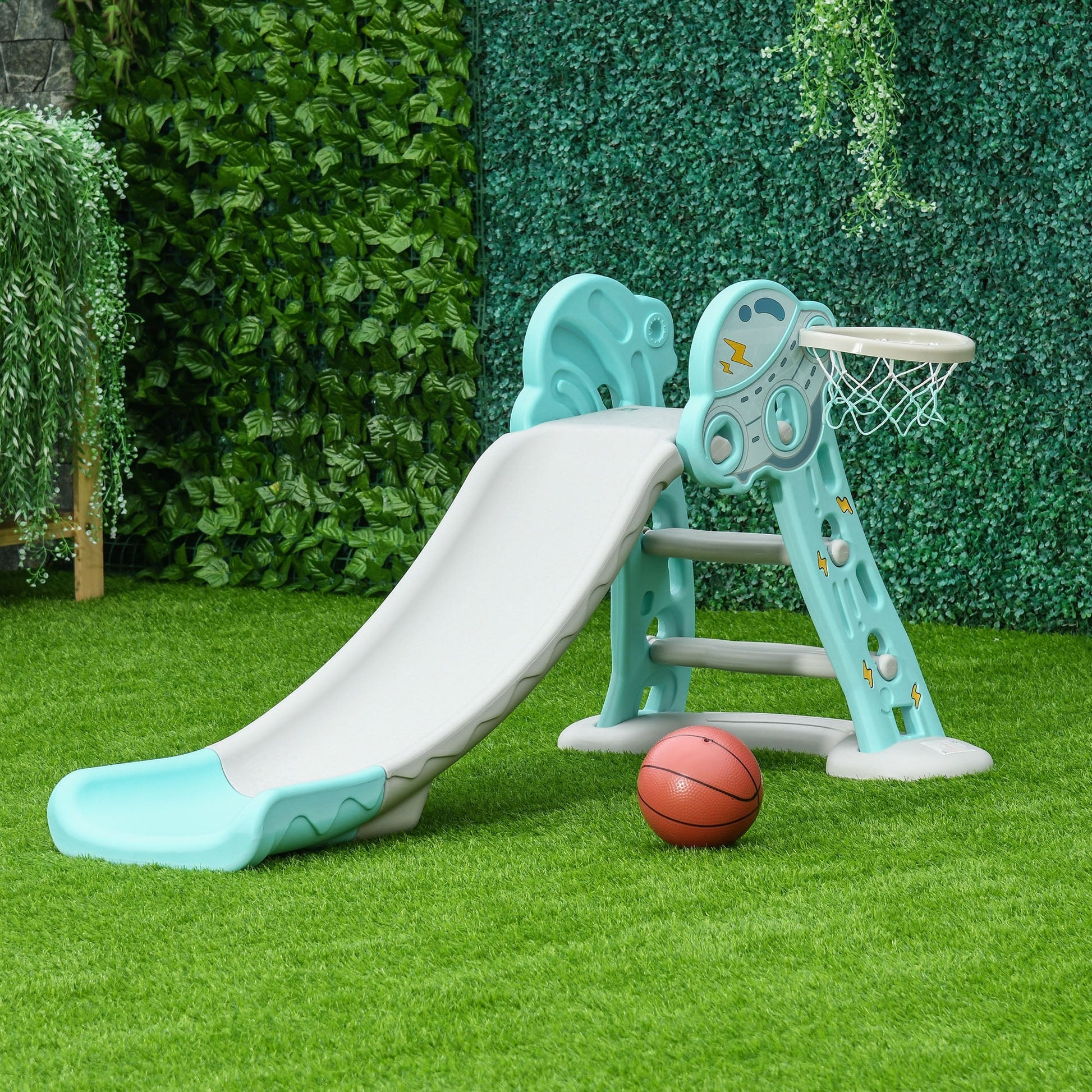 HOMCOM Escorrega Infantil Dobrável com Cesta de Basquetebol para Crianças acima de 18 meses Modelo Disco Voador para Interiores e Exteriores 140x87x75cm Azul e Cinza - A minha loja