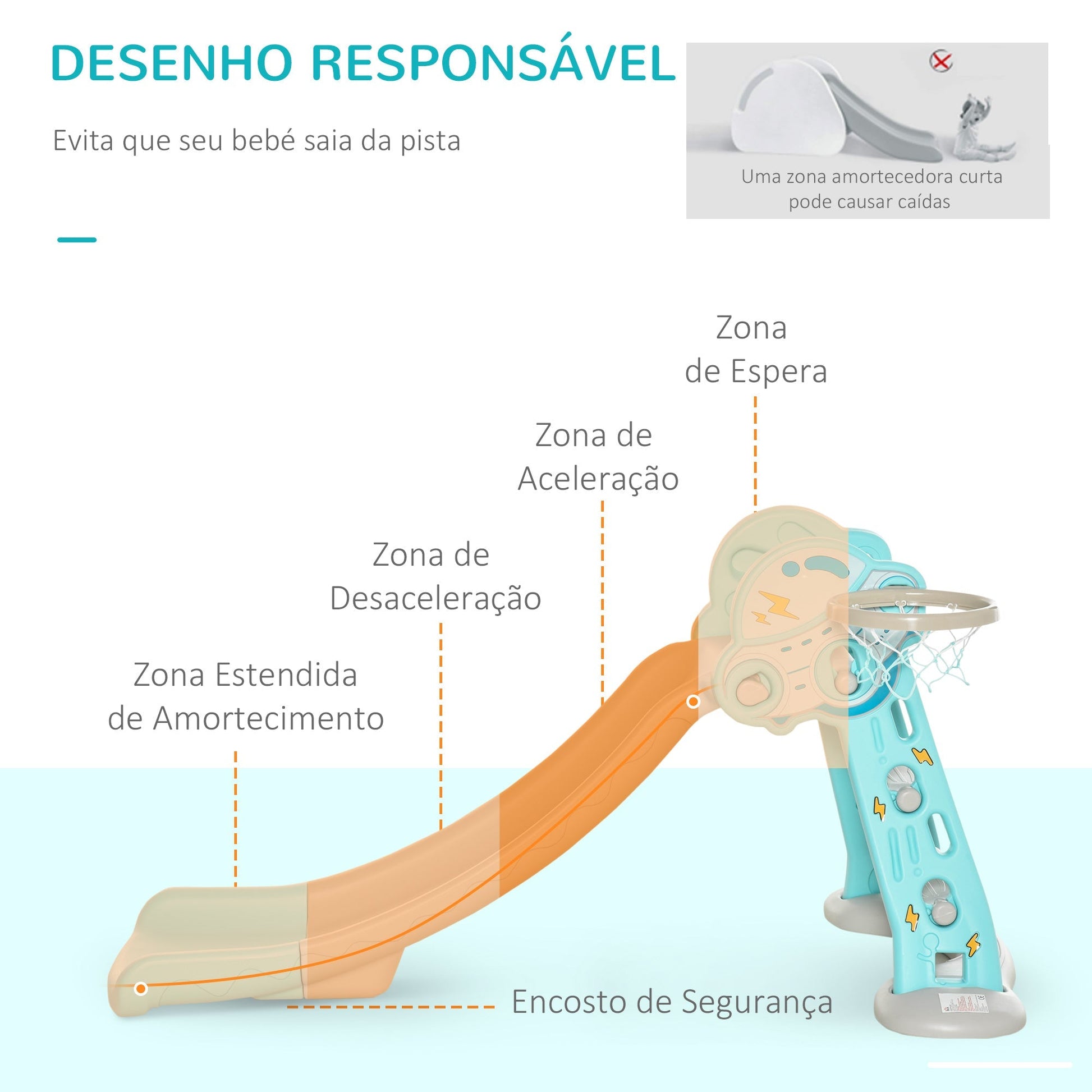 HOMCOM Escorrega Infantil Dobrável com Cesta de Basquetebol para Crianças acima de 18 meses Modelo Disco Voador para Interiores e Exteriores 140x87x75cm Azul e Cinza - A minha loja