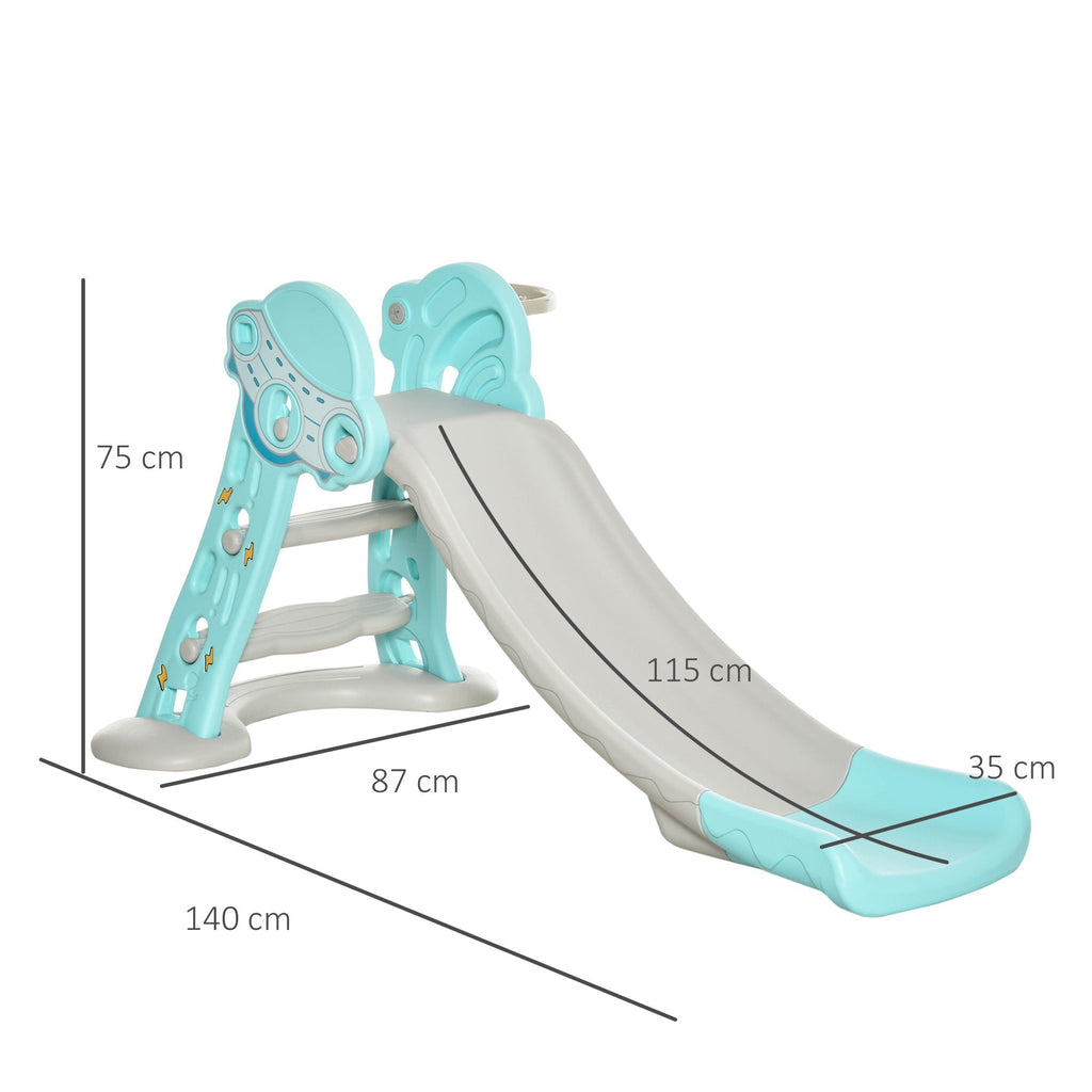 HOMCOM Escorrega Infantil Dobrável com Cesta de Basquetebol para Crianças acima de 18 meses Modelo Disco Voador para Interiores e Exteriores 140x87x75cm Azul e Cinza - A minha loja