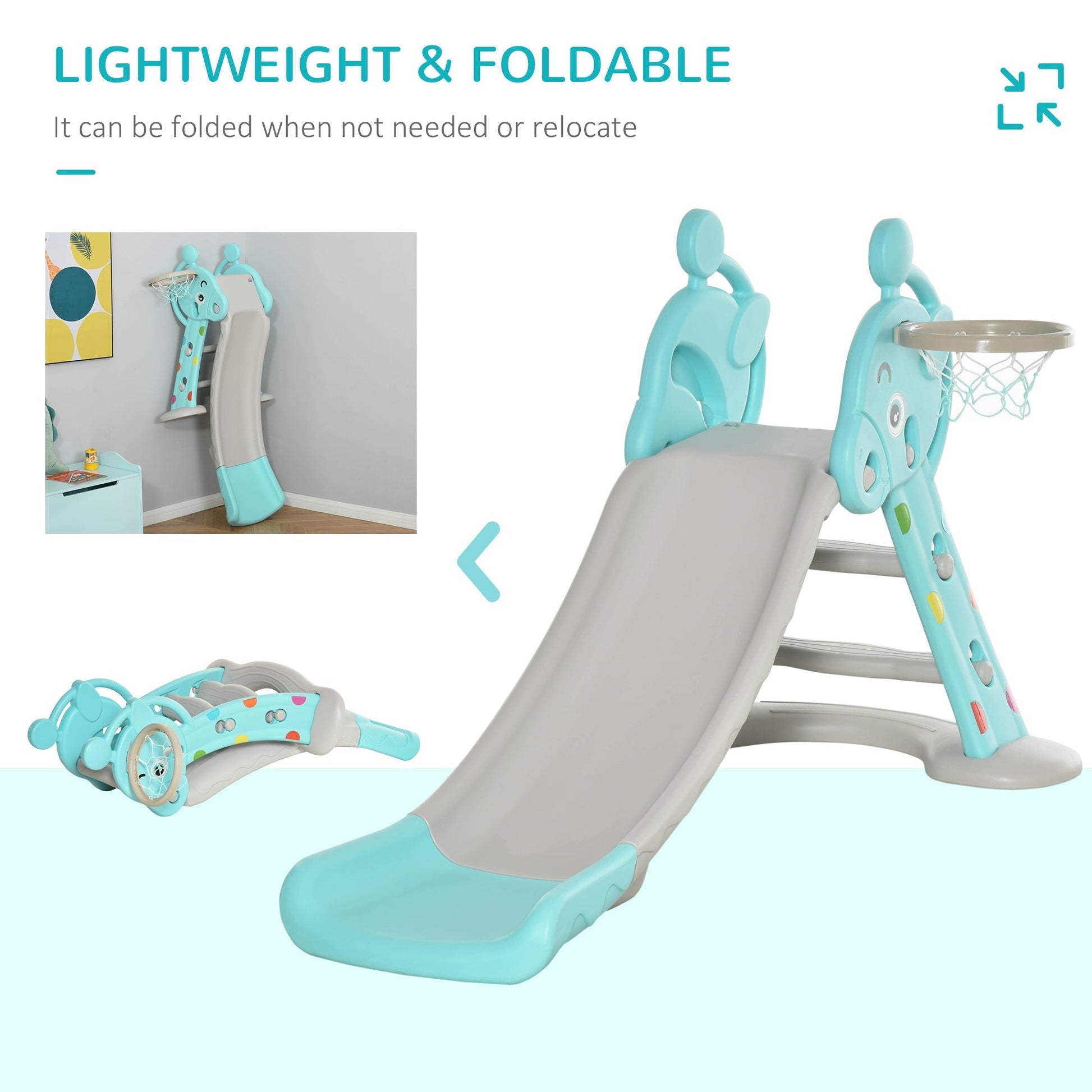 HOMCOM Escorrega Infantil Dobrável com Cesta de Basquetebol para Crianças acima de 18 meses Modelo Girafa para Interiores e Exteriores 140x87x75cm Azul e Cinza - A minha loja