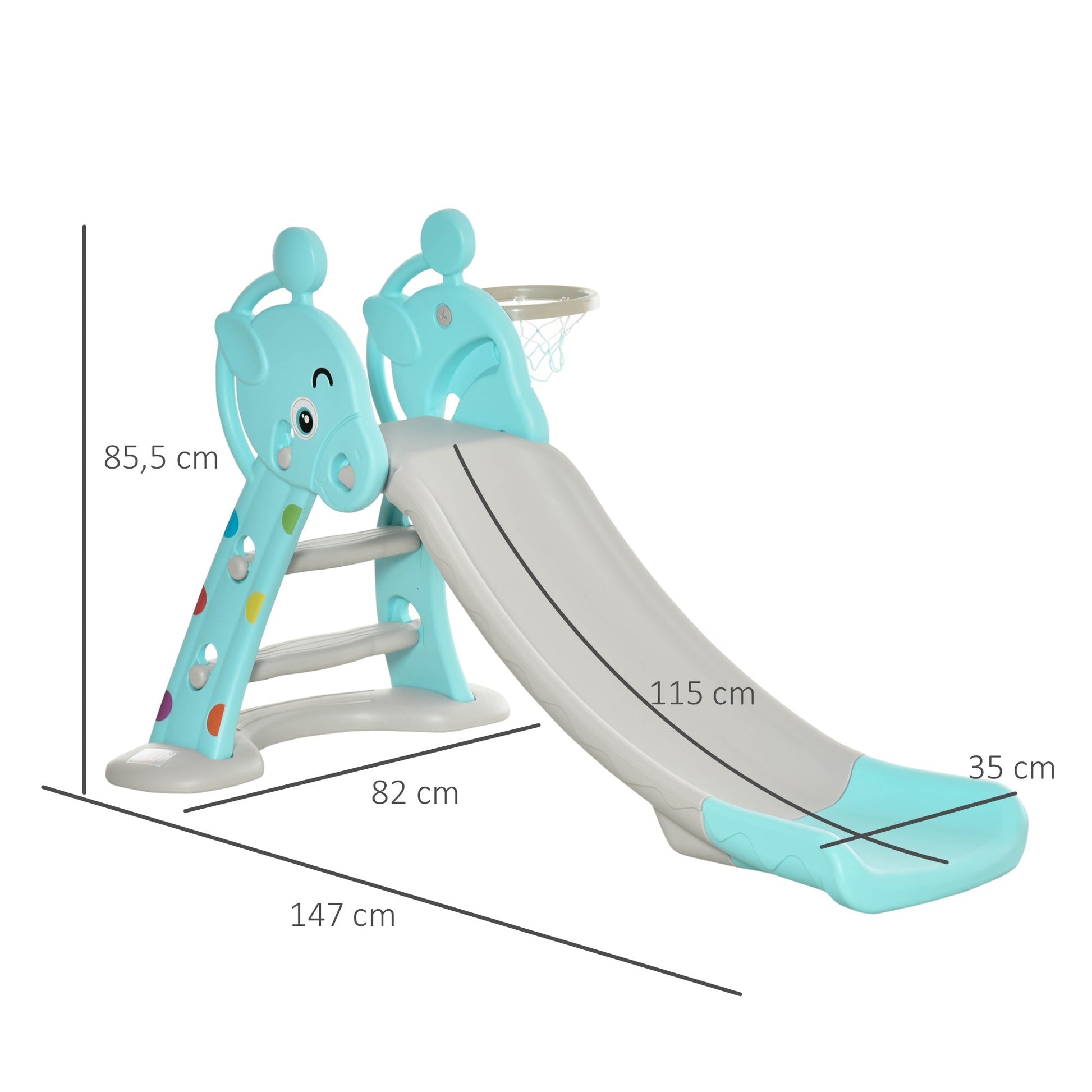 HOMCOM Escorrega Infantil Dobrável com Cesta de Basquetebol para Crianças acima de 18 meses Modelo Girafa para Interiores e Exteriores 140x87x75cm Azul e Cinza - A minha loja