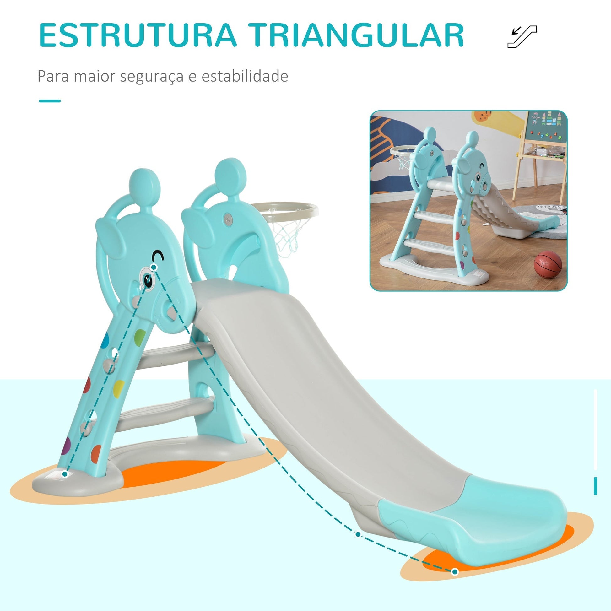 HOMCOM Escorrega Infantil Dobrável com Cesta de Basquetebol para Crianças acima de 18 meses Modelo Girafa para Interiores e Exteriores 140x87x75cm Azul e Cinza - A minha loja