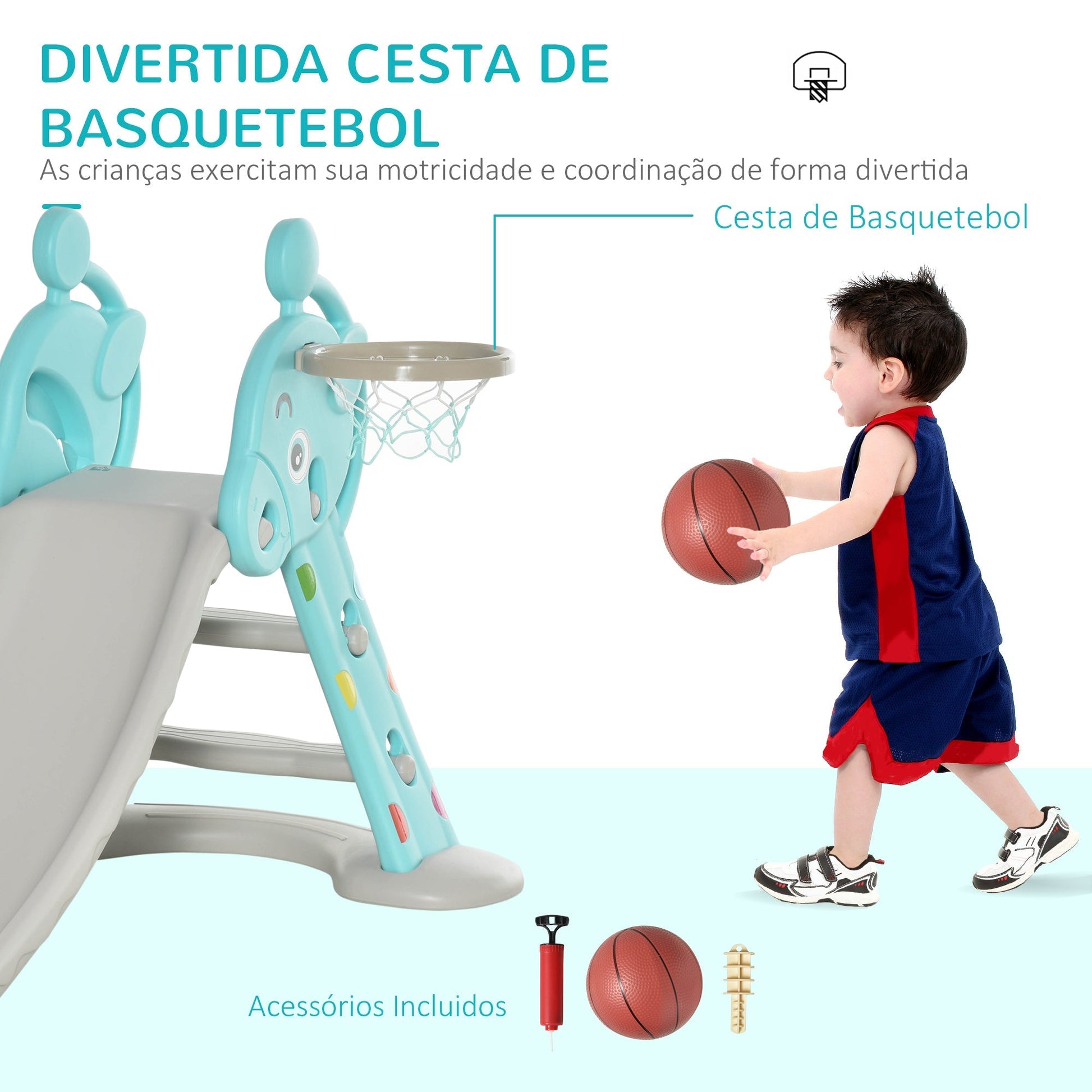 HOMCOM Escorrega Infantil Dobrável com Cesta de Basquetebol para Crianças acima de 18 meses Modelo Girafa para Interiores e Exteriores 140x87x75cm Azul e Cinza - A minha loja