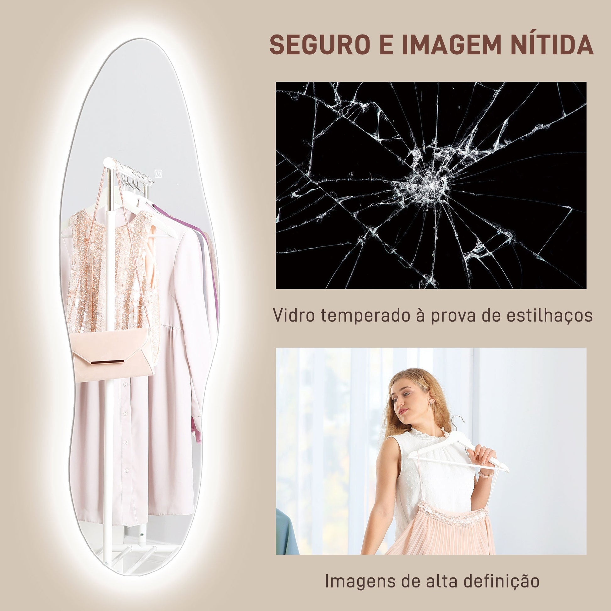 HOMCOM Espelho de Pé com Luzes LED 40x120 cm Espelho de Parede sem Moldura com Iluminação em 3 Cores Função de Memória e Controlo Tátil Transparente - A minha loja