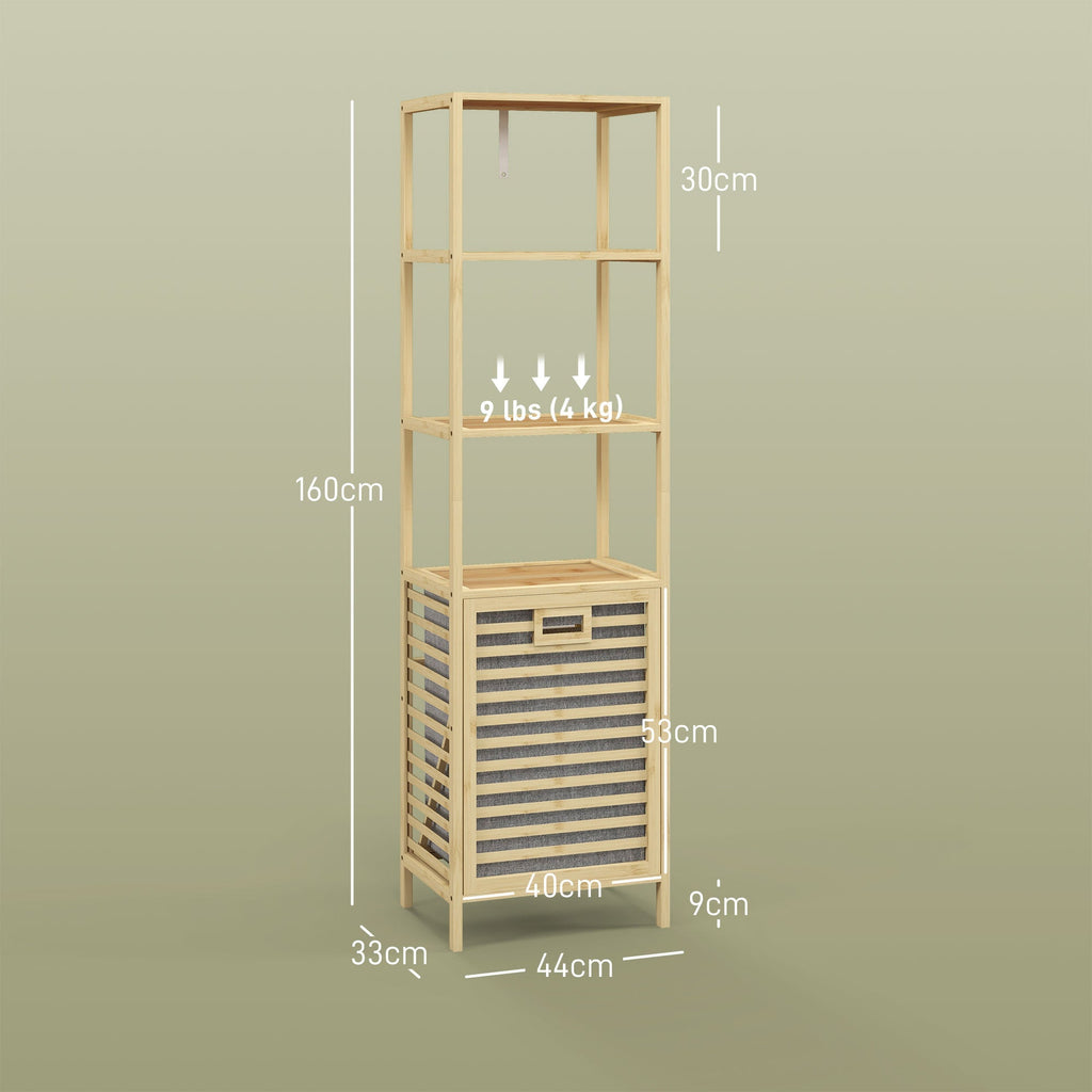 HOMCOM Estante de Casa de Banho em Bambu Estante de Armazenamento de Casa de Banho com 3 Prateleiras e 1 Cesto para Roupa Suja Removível 44x33x160 cm Natural - A minha loja
