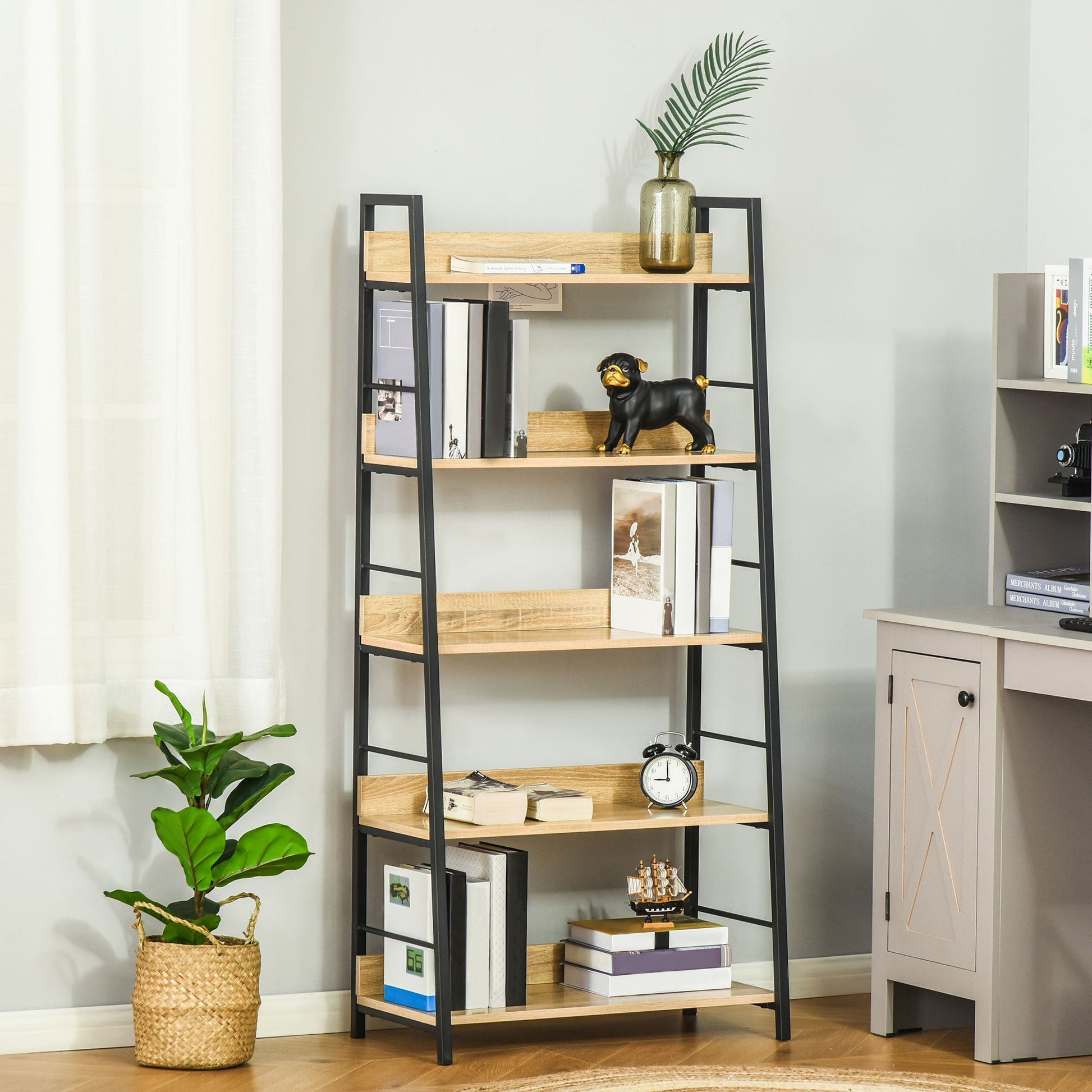 HOMCOM Estante de Estilo Industrial com 5 Níveis Estante de Sala de Estar para Livros com Estrutura de Metal Carga 25 kg para Escritório Estudo 70x35x149,5 cm Natural - A minha loja