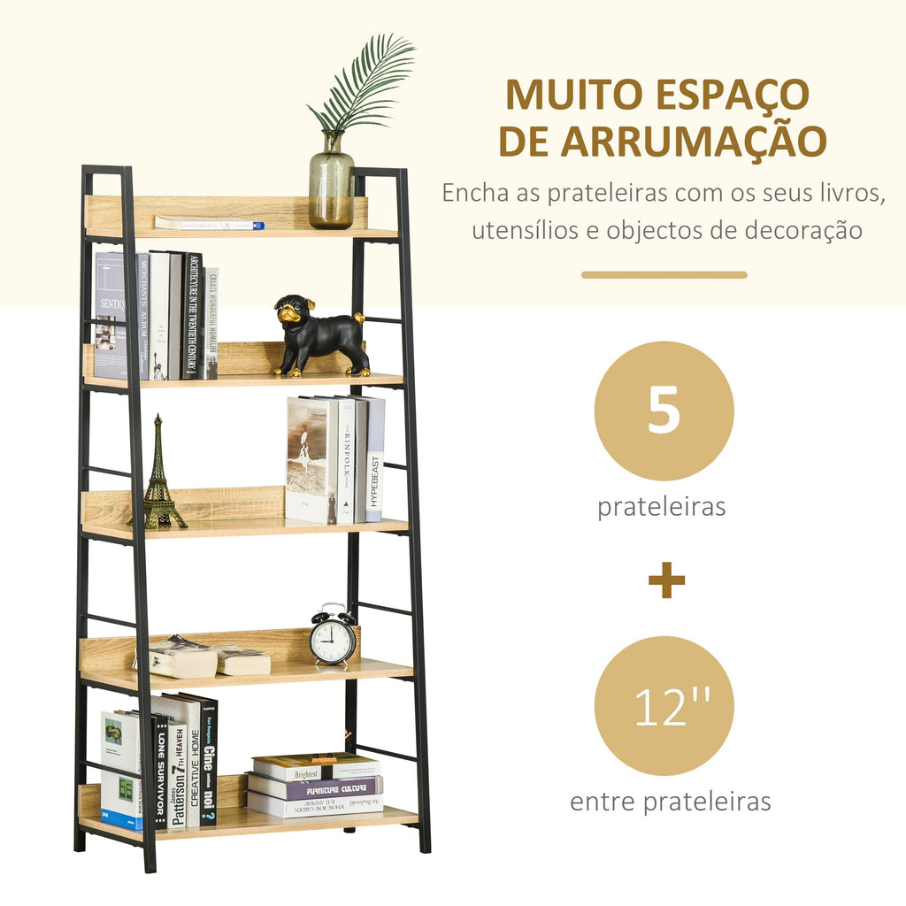 HOMCOM Estante de Estilo Industrial com 5 Níveis Estante de Sala de Estar para Livros com Estrutura de Metal Carga 25 kg para Escritório Estudo 70x35x149,5 cm Natural - A minha loja