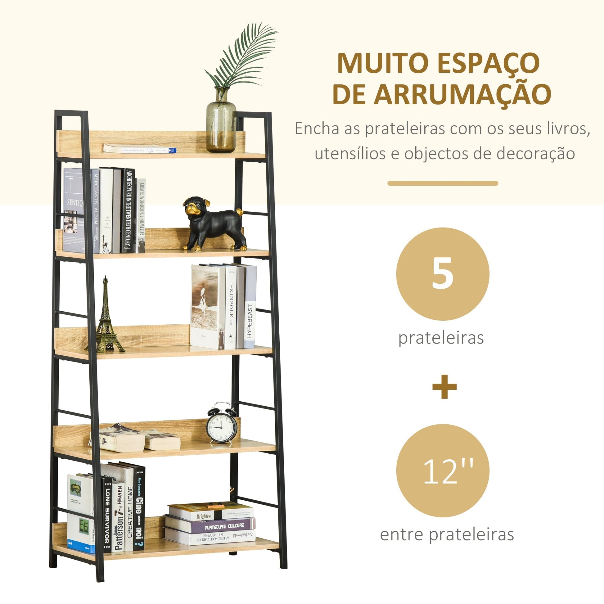 HOMCOM Estante de Estilo Industrial com 5 Níveis Estante de Sala de Estar para Livros com Estrutura de Metal Carga 25 kg para Escritório Estudo 70x35x149,5 cm Natural - A minha loja