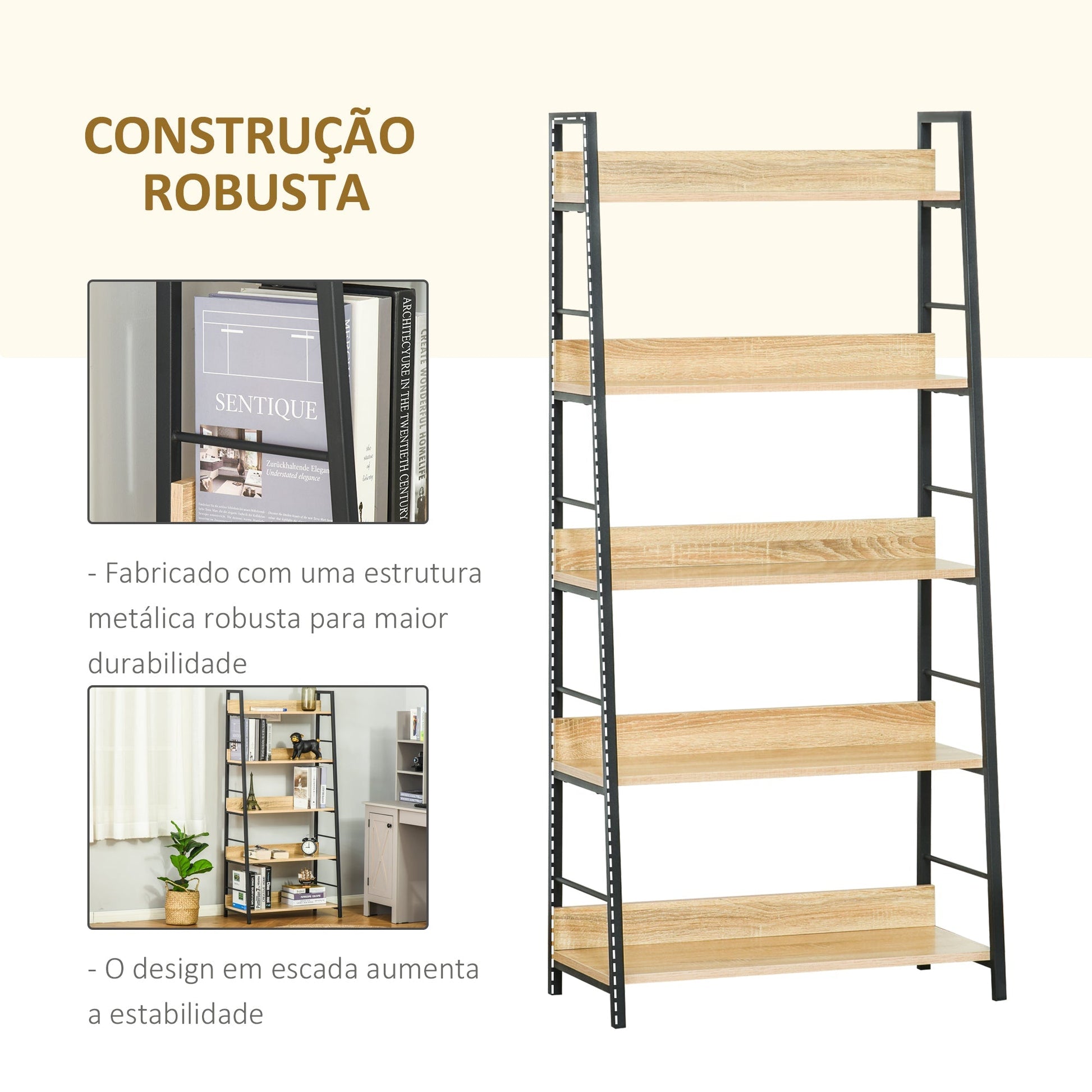 HOMCOM Estante de Estilo Industrial com 5 Níveis Estante de Sala de Estar para Livros com Estrutura de Metal Carga 25 kg para Escritório Estudo 70x35x149,5 cm Natural - A minha loja