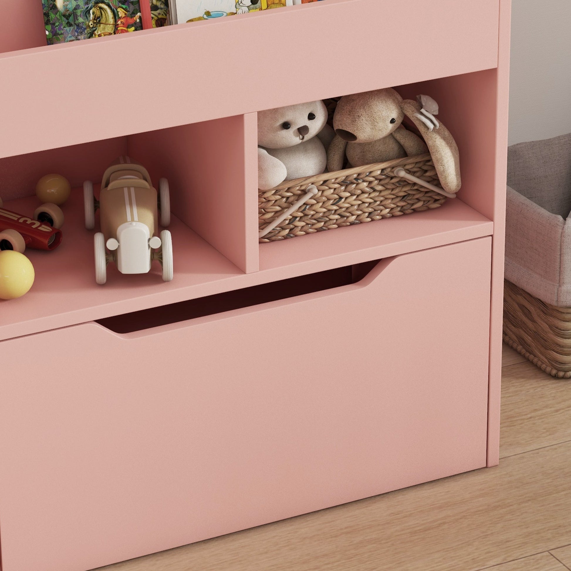 HOMCOM Estante de Madeira para Brinquedos com 3 Compartimentos 2 Prateleiras e Gaveta Móvel com 4 Rodas Estante para Livros Infantil para Dormitório Infantil Sala de Jogos 60x29,9x90 cm Rosa - A minha loja