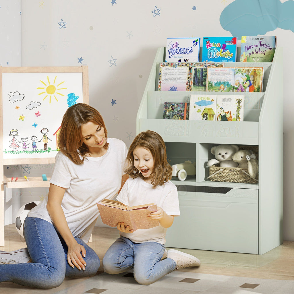 HOMCOM Estante de Madeira para Brinquedos com 3 Compartimentos 2 Prateleiras e Gaveta Móvel com 4 Rodas Estante para Livros Infantil para Dormitório Infantil Sala de Jogos 60x29,9x90 cm Verde - A minha loja