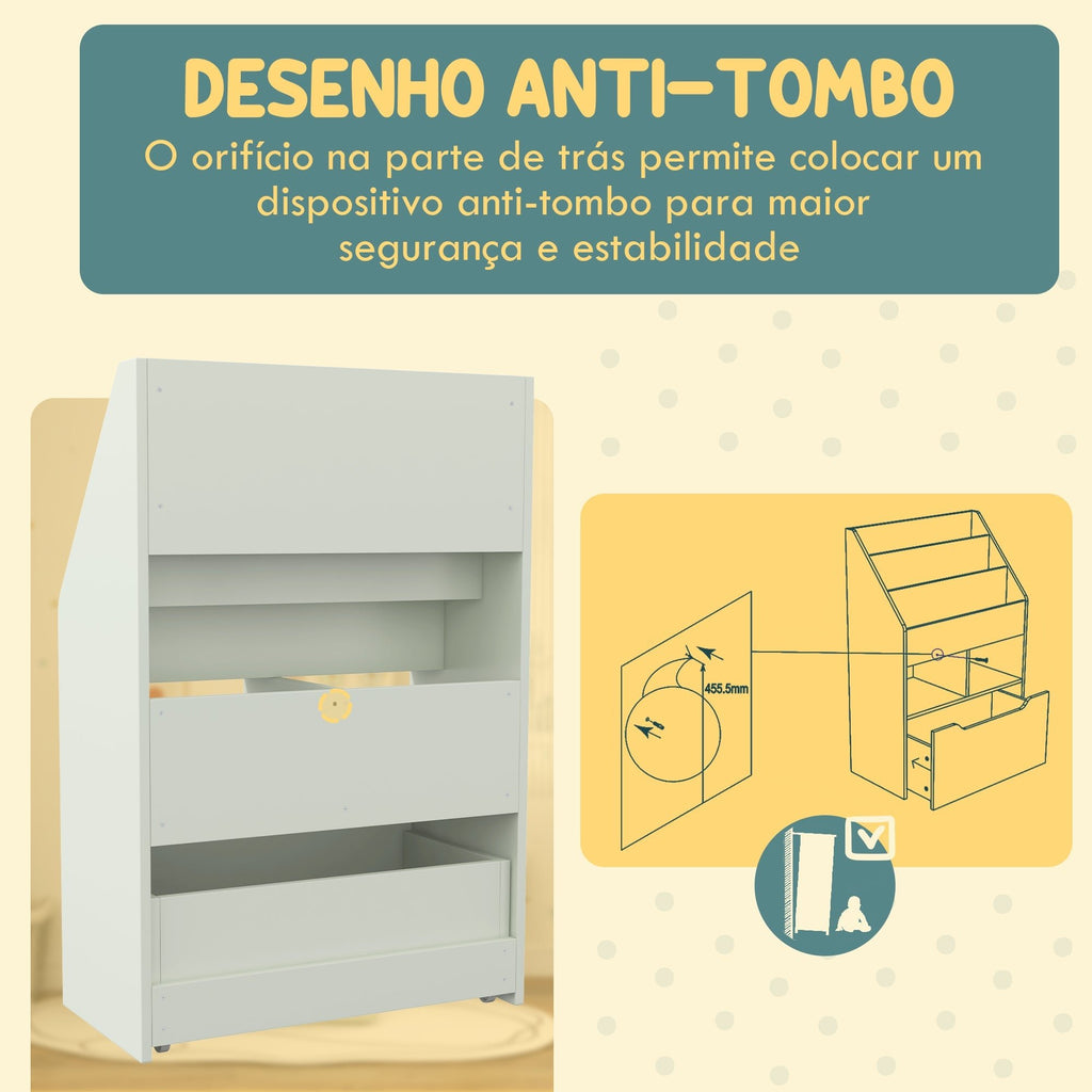 HOMCOM Estante de Madeira para Brinquedos com 3 Compartimentos 2 Prateleiras e Gaveta Móvel com 4 Rodas Estante para Livros Infantil para Dormitório Infantil Sala de Jogos 60x29,9x90 cm Verde - A minha loja