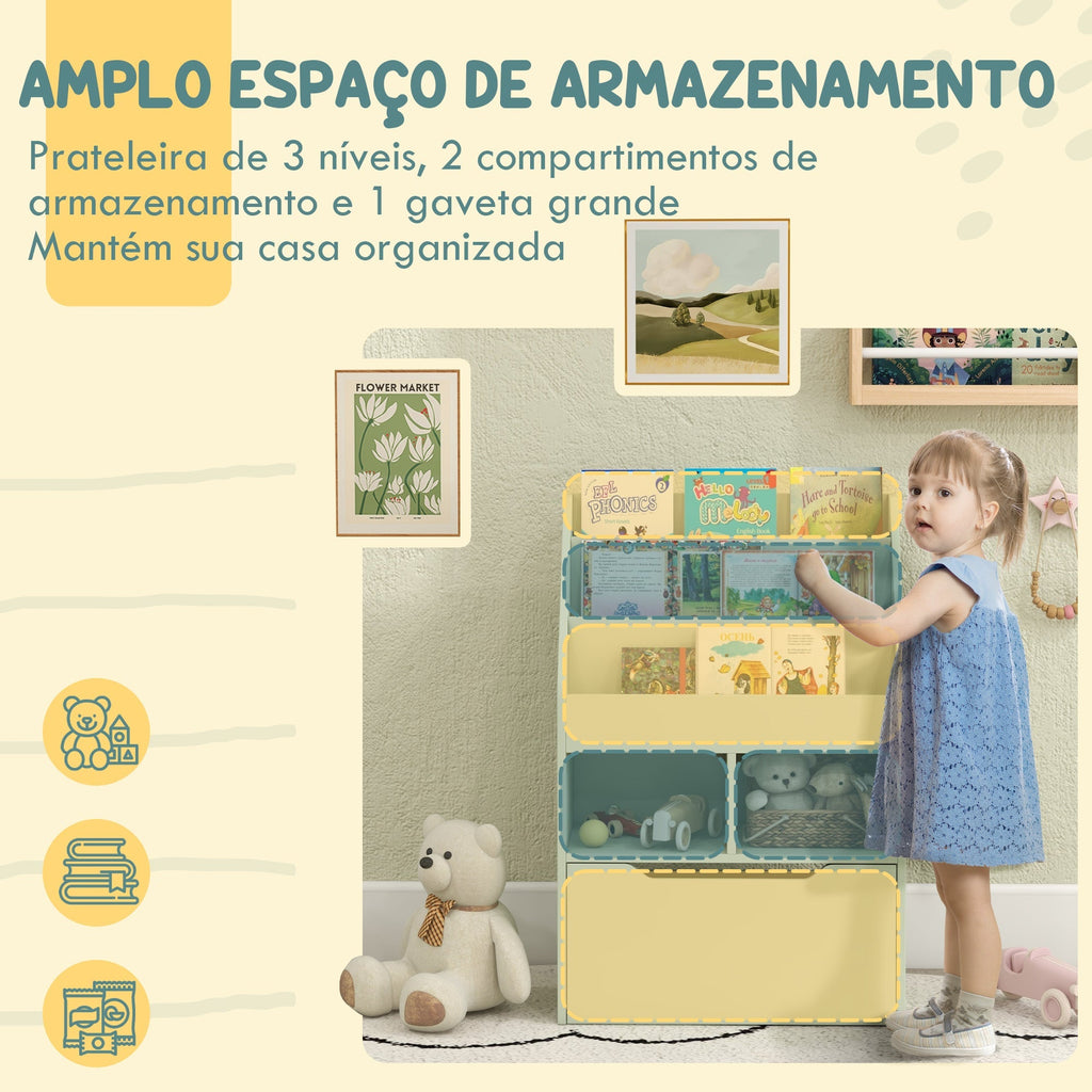 HOMCOM Estante de Madeira para Brinquedos com 3 Compartimentos 2 Prateleiras e Gaveta Móvel com 4 Rodas Estante para Livros Infantil para Dormitório Infantil Sala de Jogos 60x29,9x90 cm Verde - A minha loja