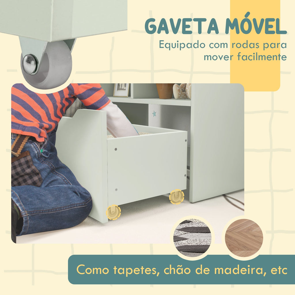 HOMCOM Estante de Madeira para Brinquedos com 3 Compartimentos 2 Prateleiras e Gaveta Móvel com 4 Rodas Estante para Livros Infantil para Dormitório Infantil Sala de Jogos 60x29,9x90 cm Verde - A minha loja