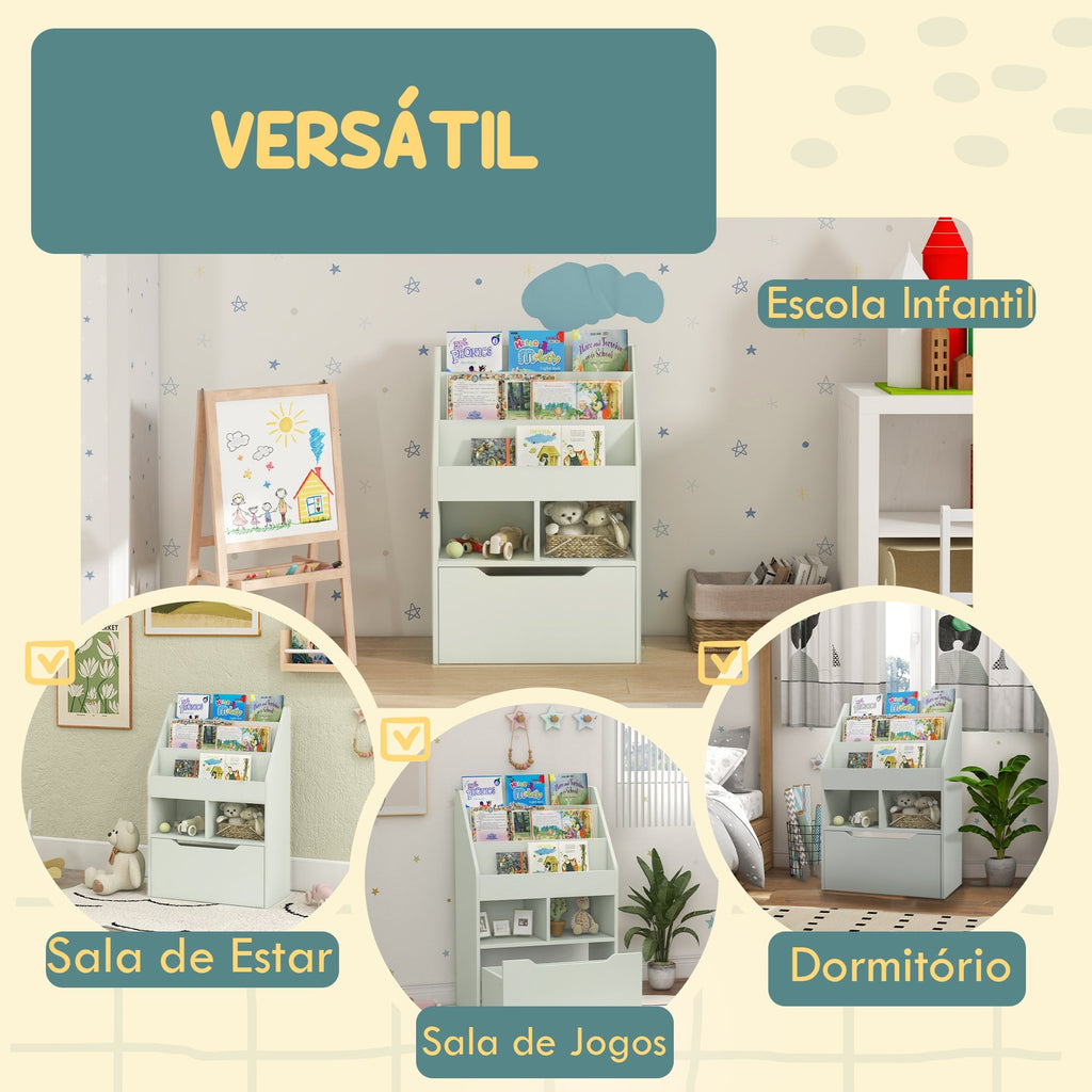 HOMCOM Estante de Madeira para Brinquedos com 3 Compartimentos 2 Prateleiras e Gaveta Móvel com 4 Rodas Estante para Livros Infantil para Dormitório Infantil Sala de Jogos 60x29,9x90 cm Verde - A minha loja