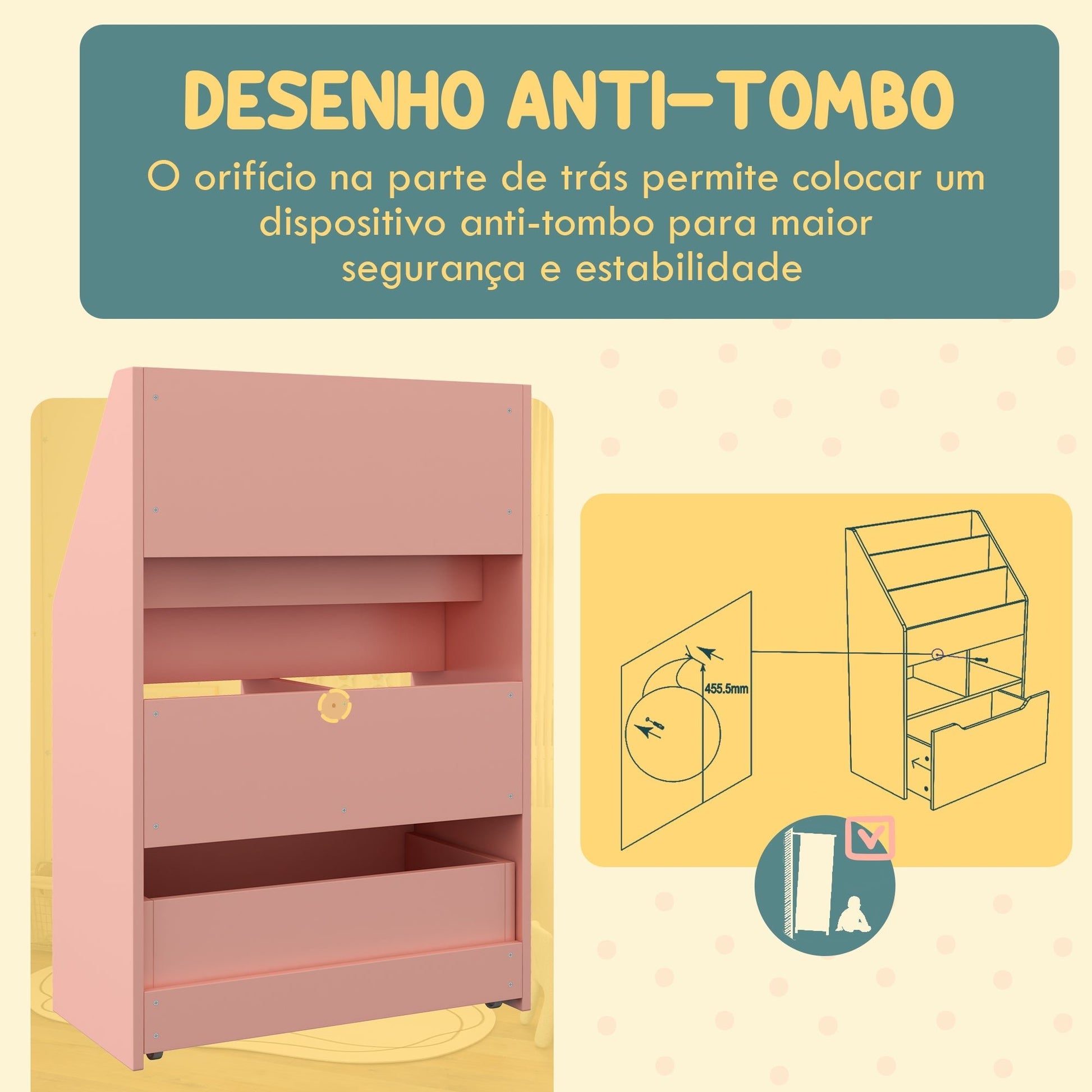 HOMCOM Estante de Madeira para Brinquedos com 3 Compartimentos 2 Prateleiras e Gaveta Móvel com 4 Rodas Estante para Livros Infantil para Dormitório Infantil Sala de Jogos 60x29,9x90 cm Rosa - A minha loja