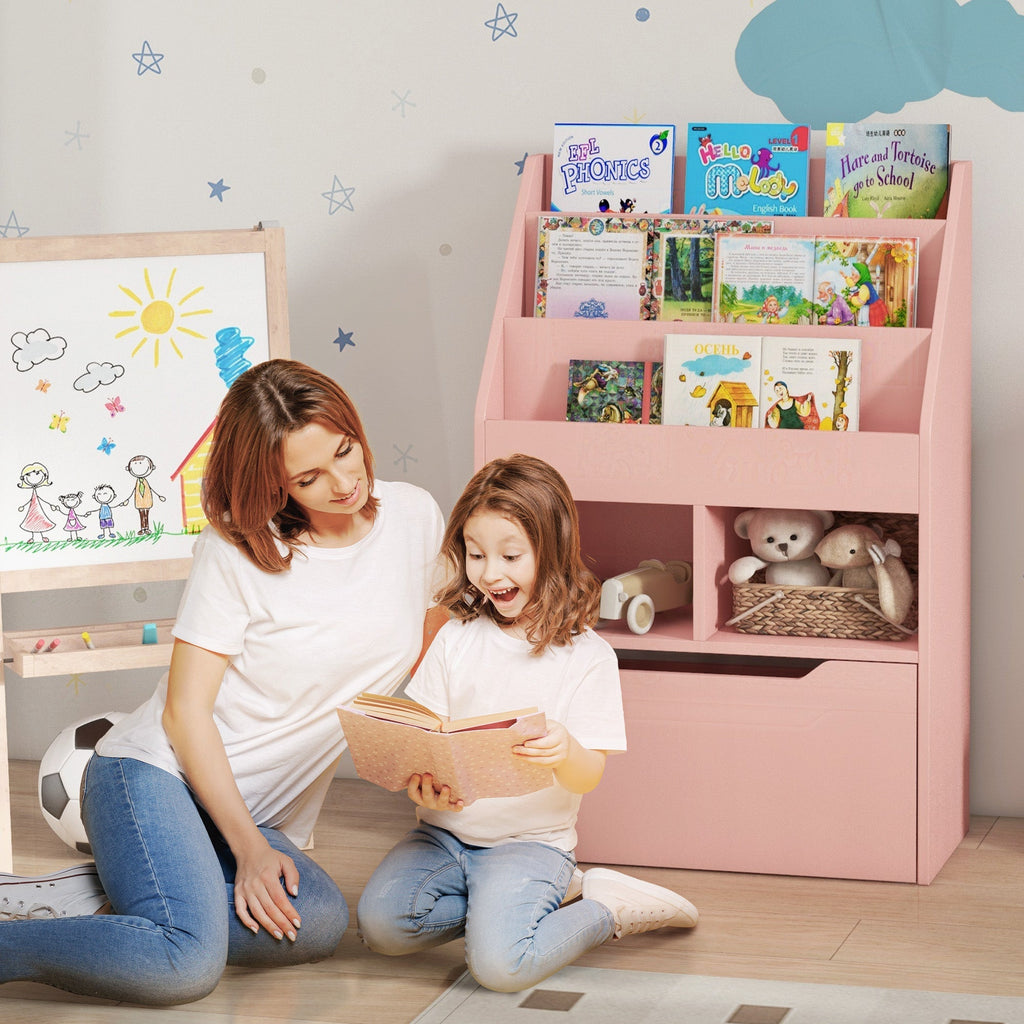 HOMCOM Estante de Madeira para Brinquedos com 3 Compartimentos 2 Prateleiras e Gaveta Móvel com 4 Rodas Estante para Livros Infantil para Dormitório Infantil Sala de Jogos 60x29,9x90 cm Rosa - A minha loja