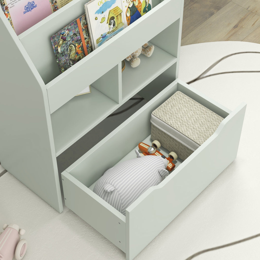 HOMCOM Estante de Madeira para Brinquedos com 3 Compartimentos 2 Prateleiras e Gaveta Móvel com 4 Rodas Estante para Livros Infantil para Dormitório Infantil Sala de Jogos 60x29,9x90 cm Verde - A minha loja