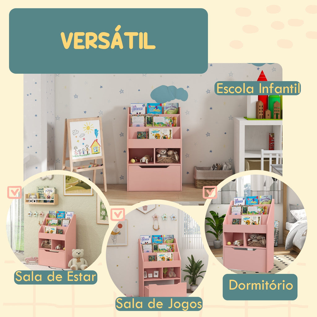 HOMCOM Estante de Madeira para Brinquedos com 3 Compartimentos 2 Prateleiras e Gaveta Móvel com 4 Rodas Estante para Livros Infantil para Dormitório Infantil Sala de Jogos 60x29,9x90 cm Rosa - A minha loja