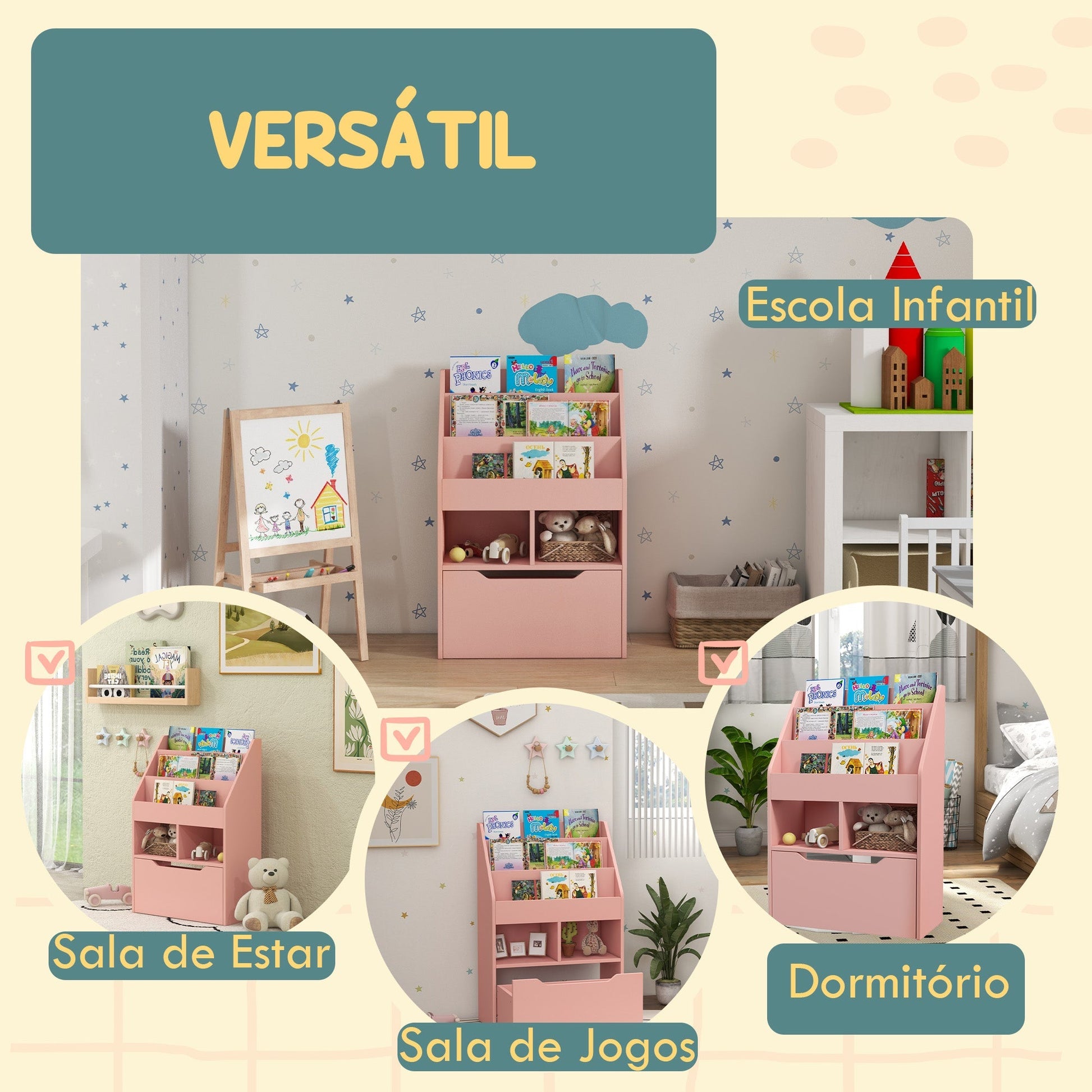 HOMCOM Estante de Madeira para Brinquedos com 3 Compartimentos 2 Prateleiras e Gaveta Móvel com 4 Rodas Estante para Livros Infantil para Dormitório Infantil Sala de Jogos 60x29,9x90 cm Rosa - A minha loja