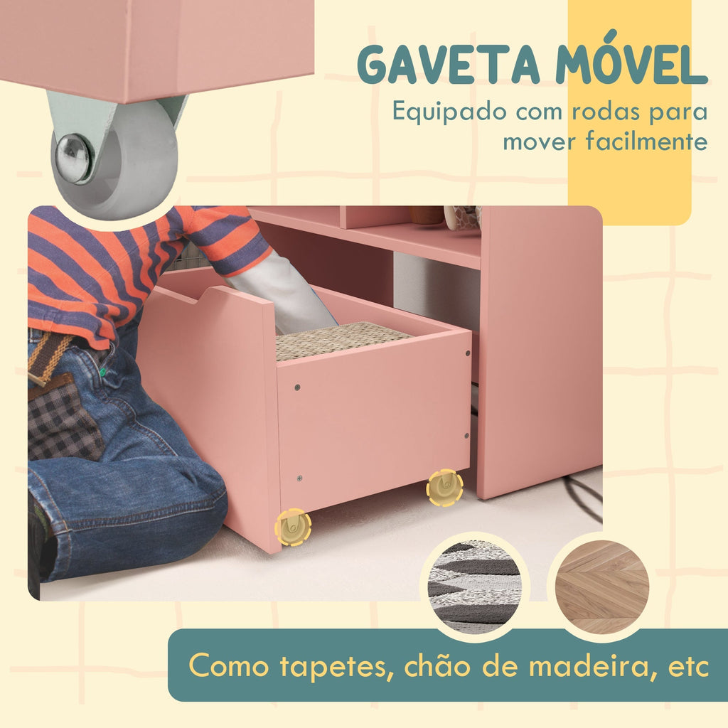 HOMCOM Estante de Madeira para Brinquedos com 3 Compartimentos 2 Prateleiras e Gaveta Móvel com 4 Rodas Estante para Livros Infantil para Dormitório Infantil Sala de Jogos 60x29,9x90 cm Rosa - A minha loja
