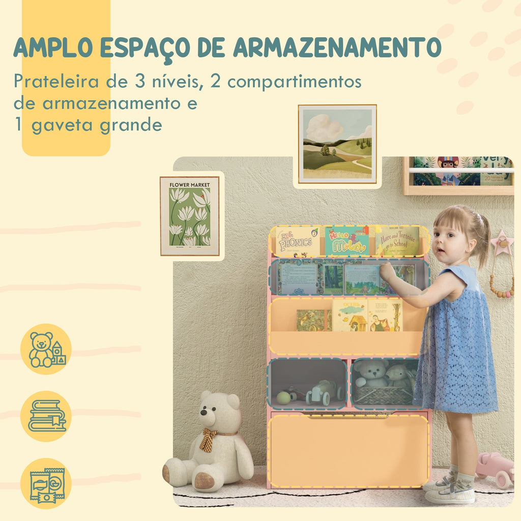 HOMCOM Estante de Madeira para Brinquedos com 3 Compartimentos 2 Prateleiras e Gaveta Móvel com 4 Rodas Estante para Livros Infantil para Dormitório Infantil Sala de Jogos 60x29,9x90 cm Rosa - A minha loja