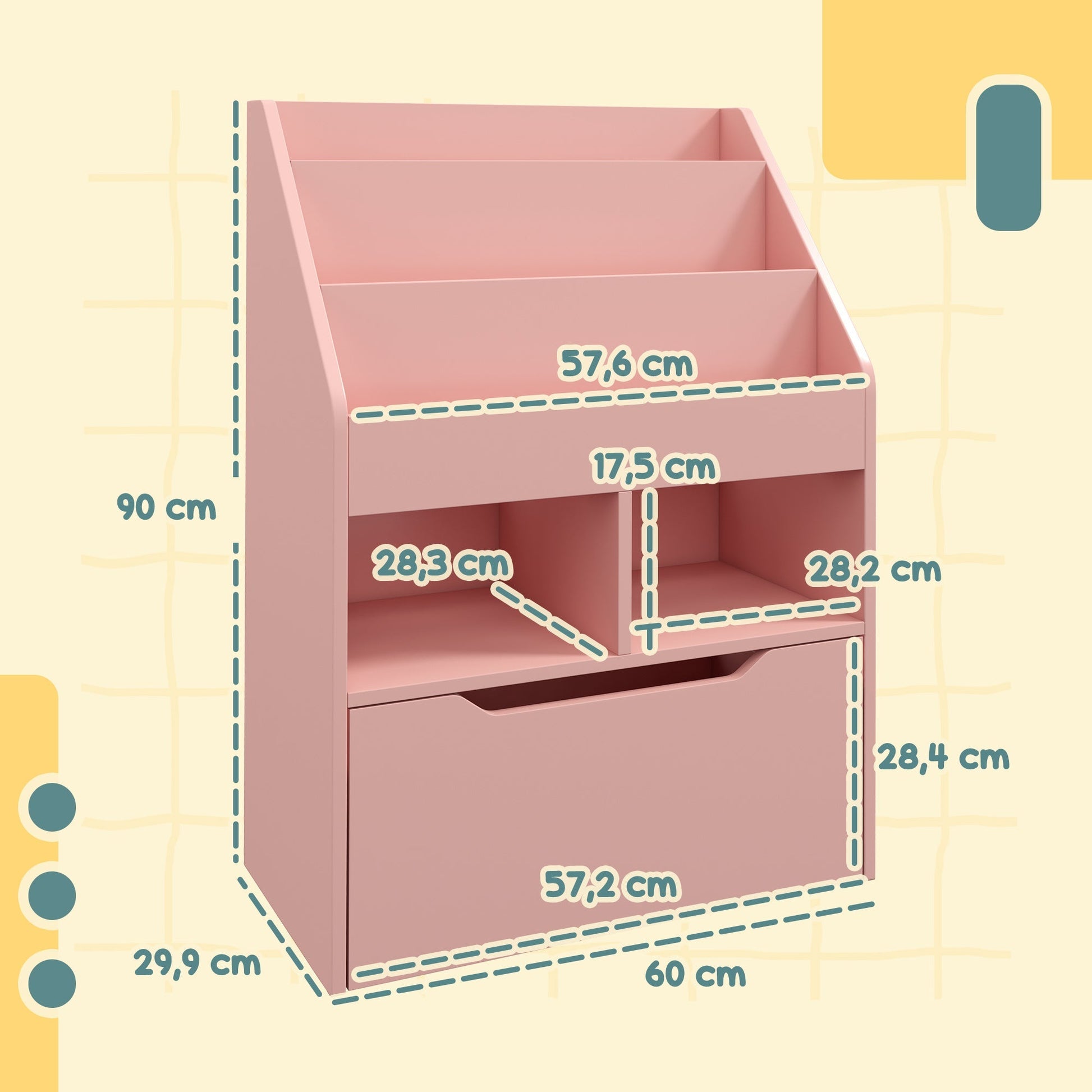 HOMCOM Estante de Madeira para Brinquedos com 3 Compartimentos 2 Prateleiras e Gaveta Móvel com 4 Rodas Estante para Livros Infantil para Dormitório Infantil Sala de Jogos 60x29,9x90 cm Rosa - A minha loja