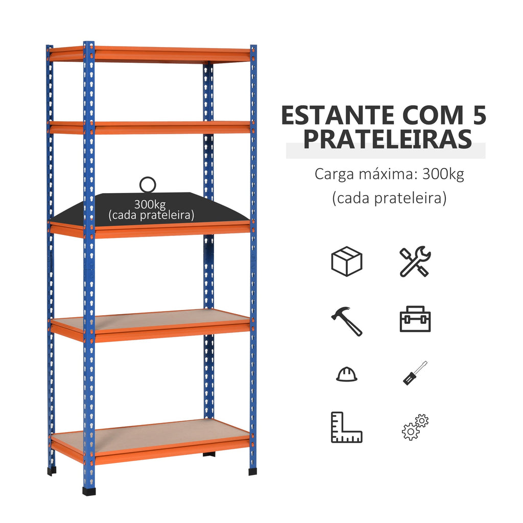 HOMCOM Estante Metálica de Armazenamento 80x40x182cm com 5 Prateleiras Altura Ajustável Carga Máxima por Prateleira 300kg para Armazenamento Garagem Oficina Azul e Laranja - A minha loja