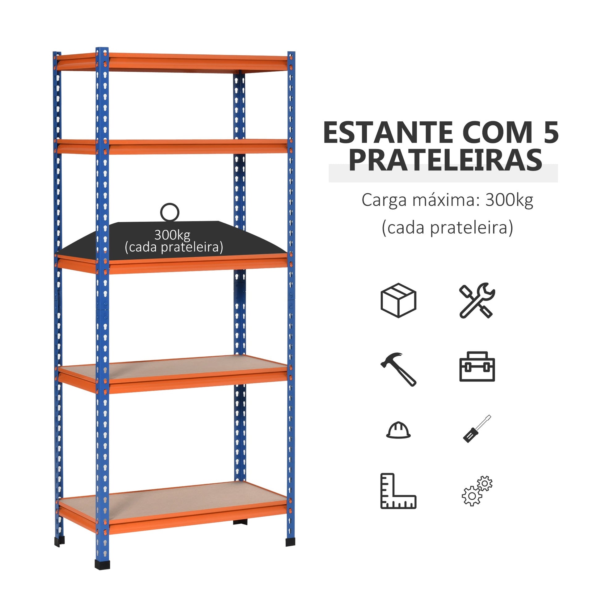 HOMCOM Estante Metálica de Armazenamento 80x40x182cm com 5 Prateleiras Altura Ajustável Carga Máxima por Prateleira 300kg para Armazenamento Garagem Oficina Azul e Laranja - A minha loja