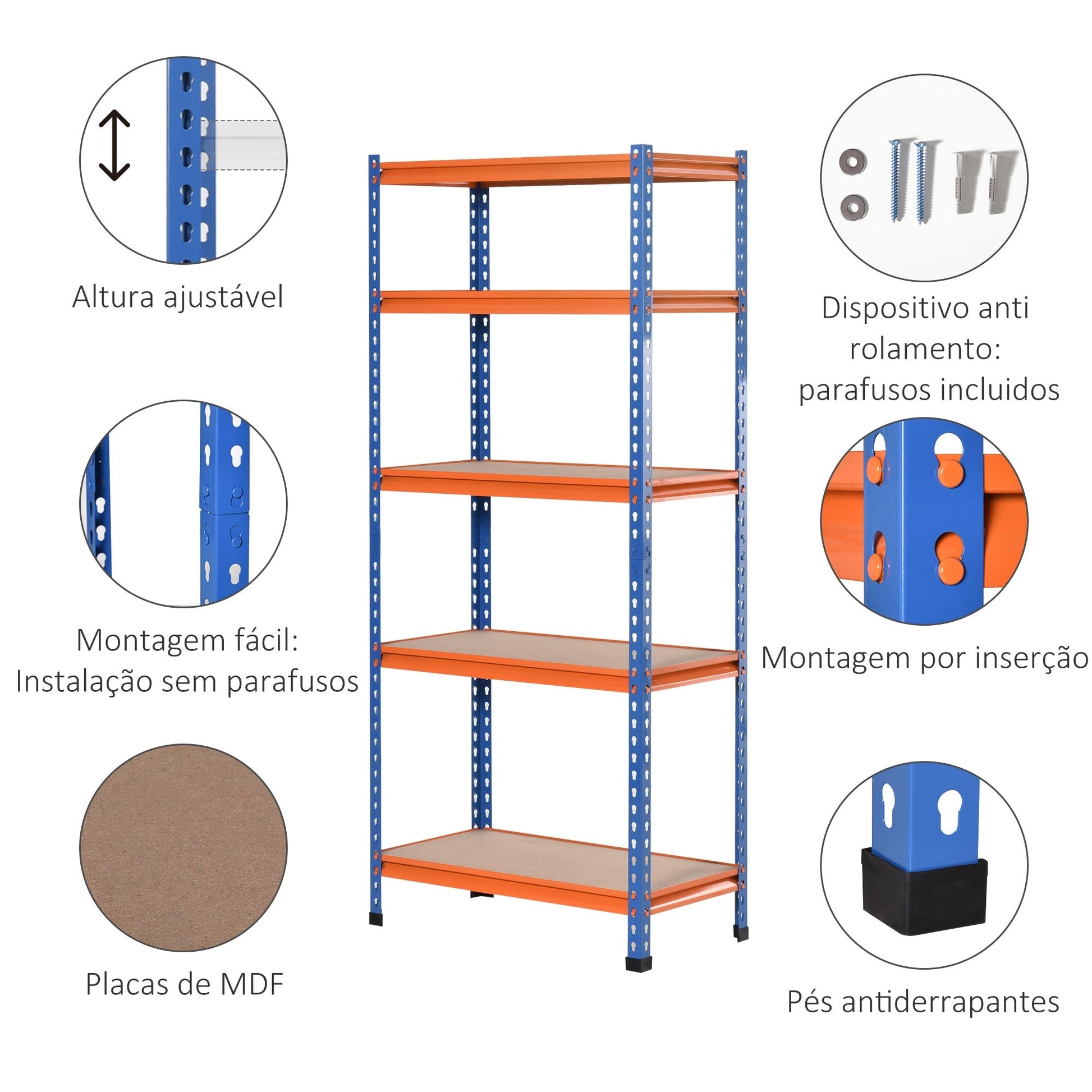 HOMCOM Estante Metálica de Armazenamento 80x40x182cm com 5 Prateleiras Altura Ajustável Carga Máxima por Prateleira 300kg para Armazenamento Garagem Oficina Azul e Laranja - A minha loja