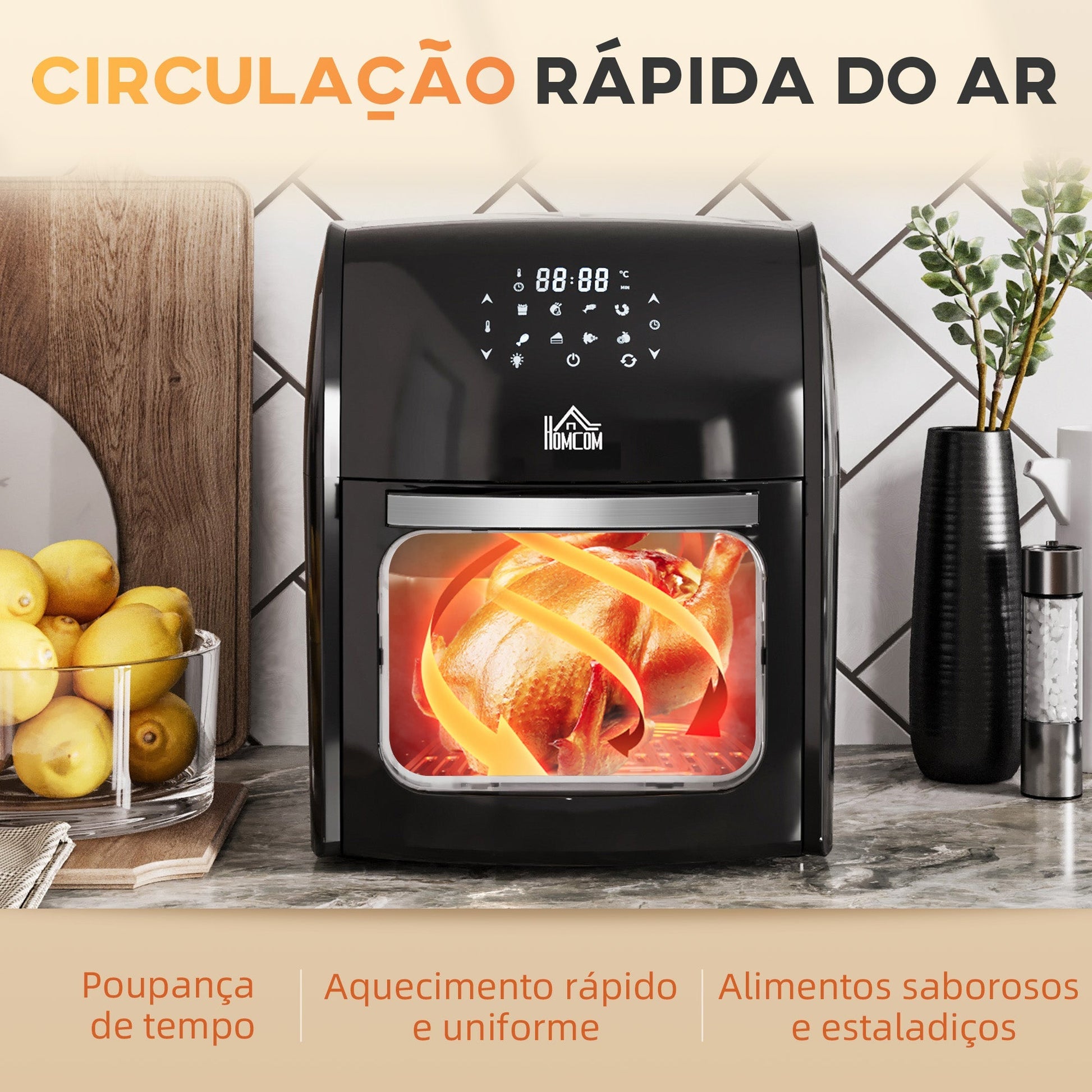 HOMCOM Fritadeira sem Óleo 3 em 1 12L Fritadeira sem Óleo 1800W Forno de Ar Desidratador com 8 Programas Função de Iluminação Ecrã Digital Janela de Visualização 35x33,5x40 cm Preto - A minha loja
