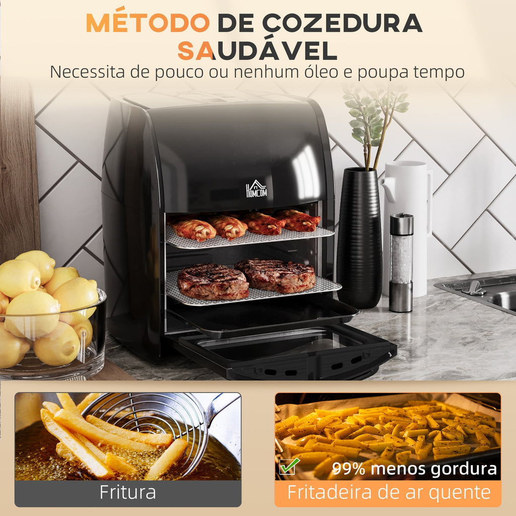 HOMCOM Fritadeira sem Óleo 3 em 1 12L Fritadeira sem Óleo 1800W Forno de Ar Desidratador com 8 Programas Função de Iluminação Ecrã Digital Janela de Visualização 35x33,5x40 cm Preto - A minha loja
